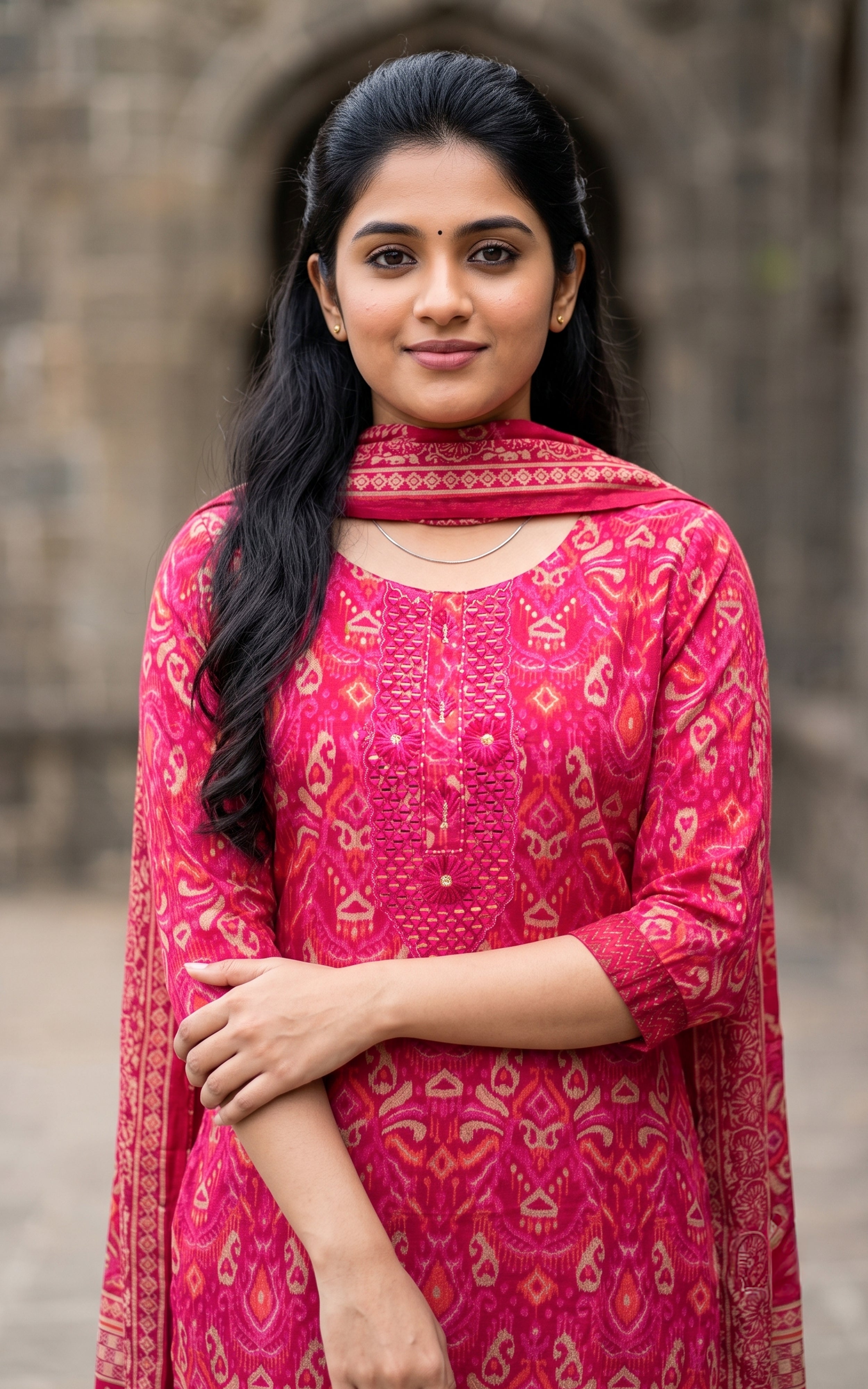 Reddish Pink Art Silk Casual Wear Kurti Set with Dupatta for Women