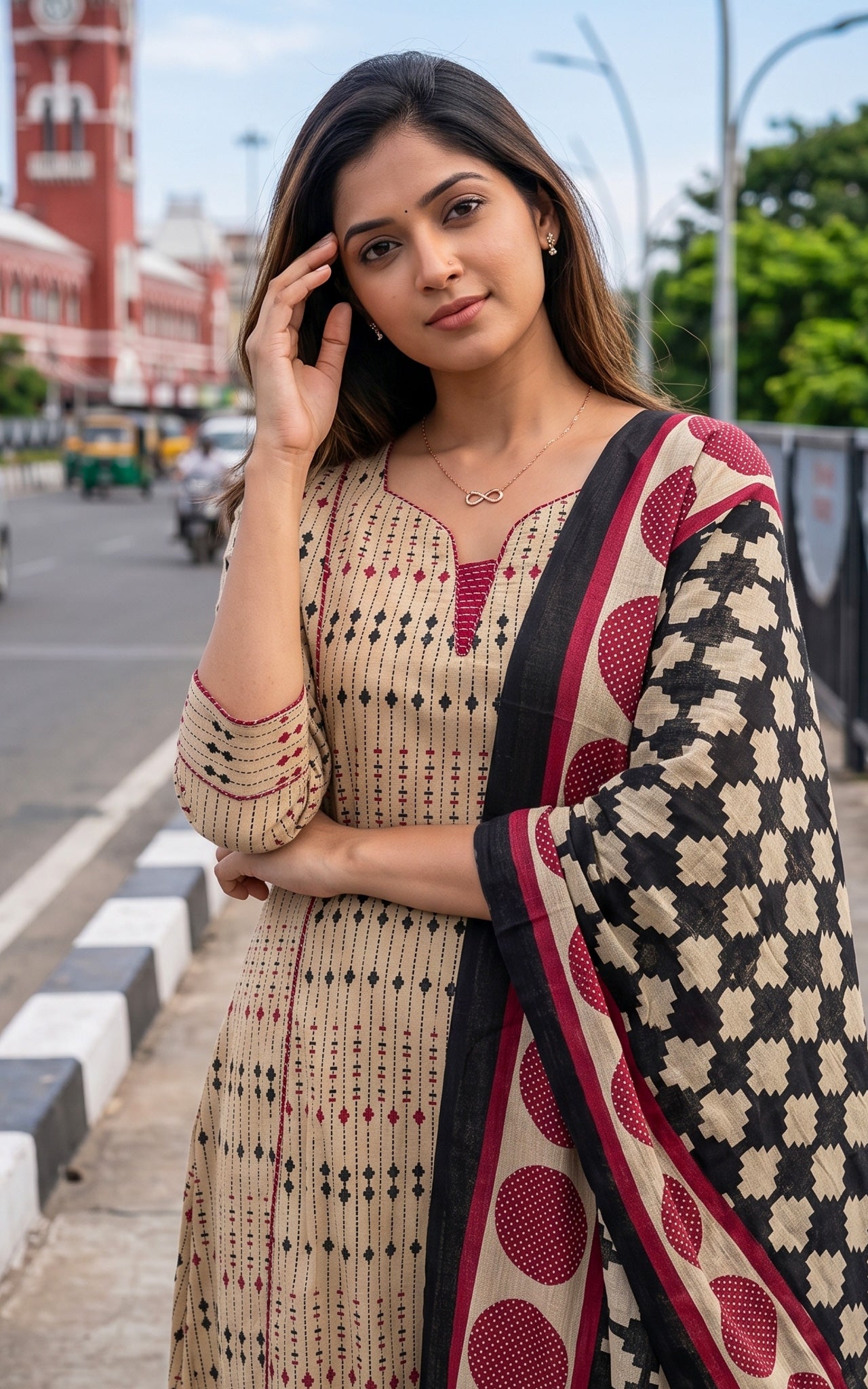 Beige and Black Cotton Office Wear Kurti Dupatta for Women