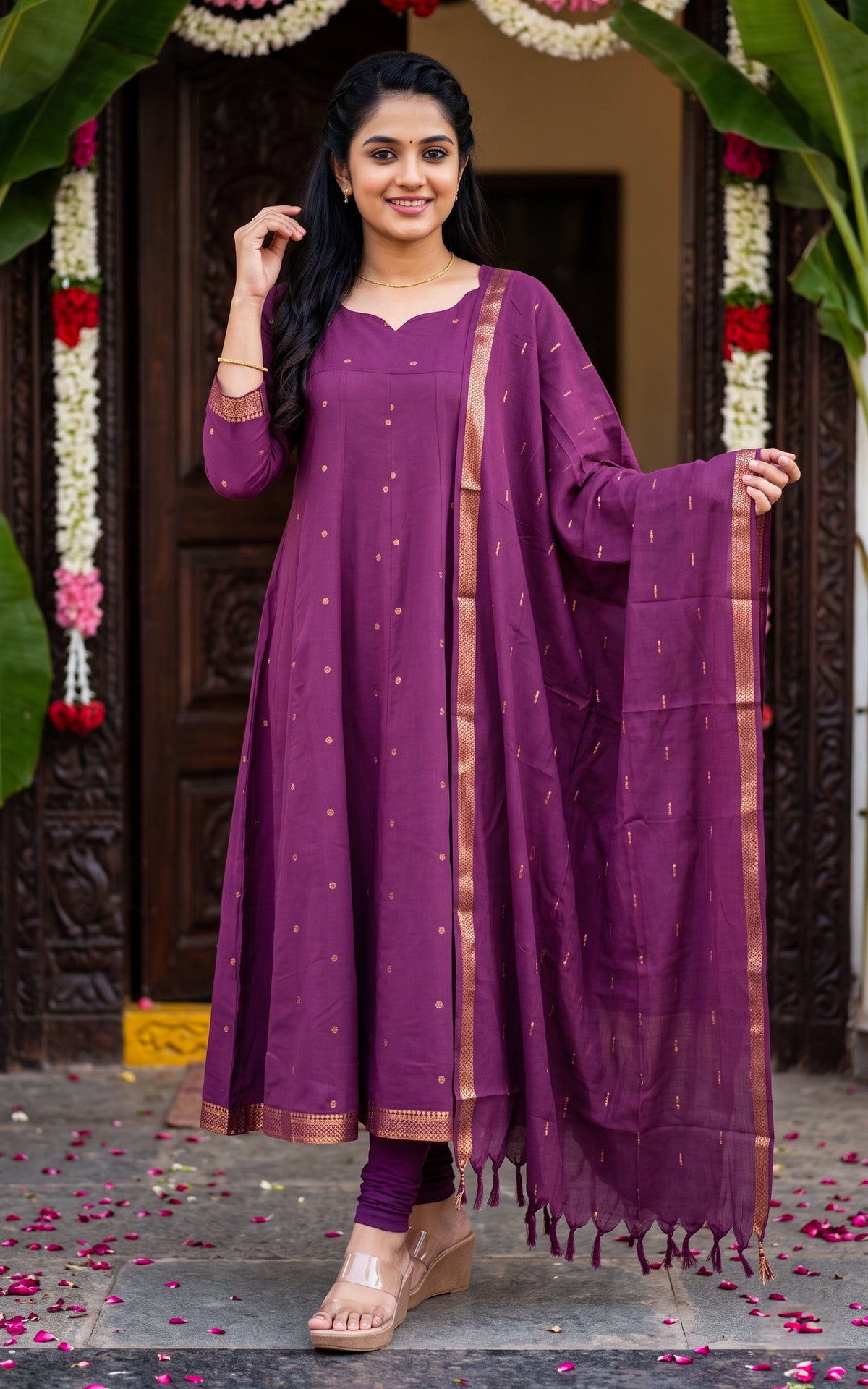 Plum Cotton Anarkali Kurti with Dupatta for Women