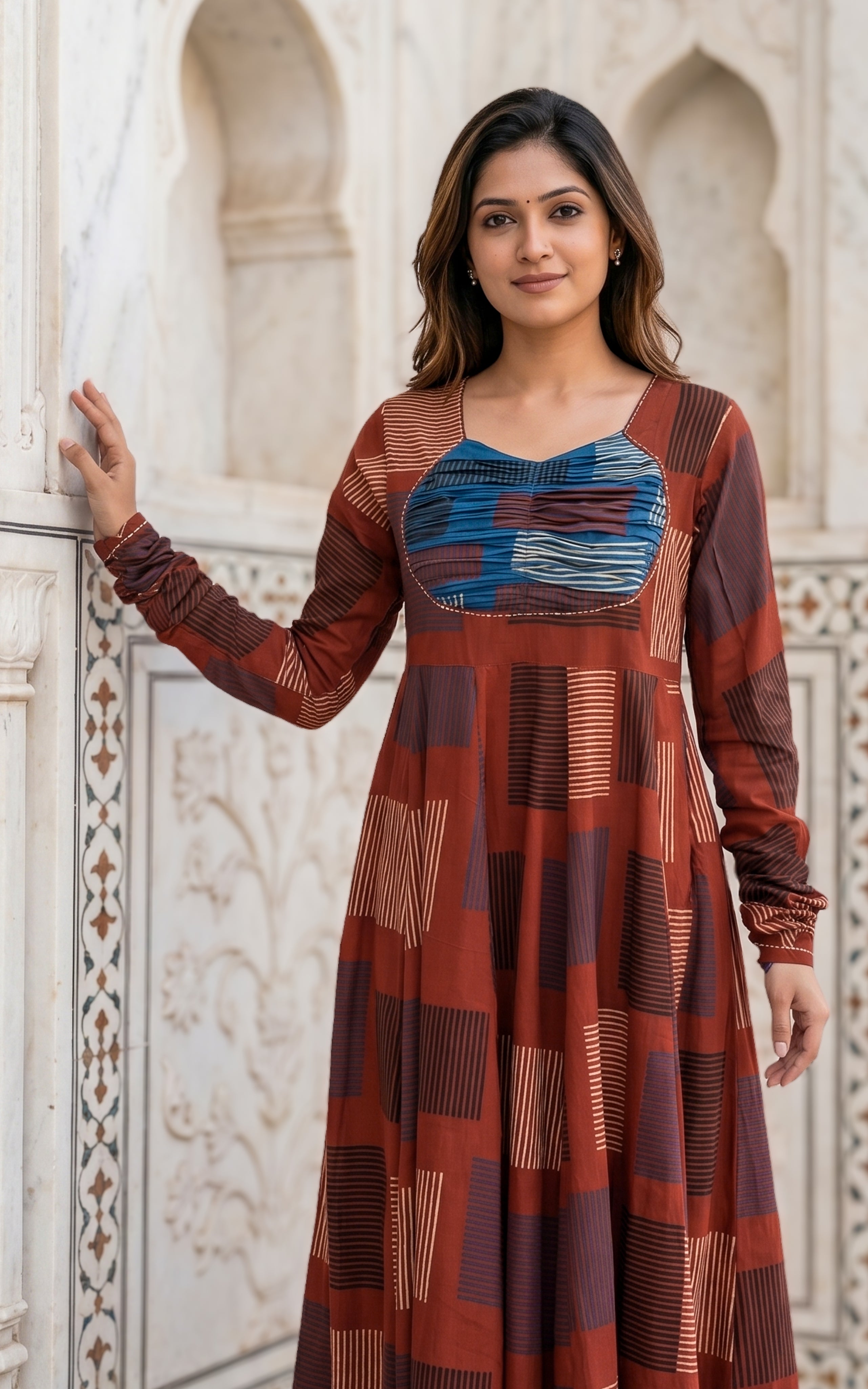 Instore - Maroon Color Printed Cotton Flared Anarkali Kurti with Line Embroidery & Sweetheart Neck with Gathered Sleeve
