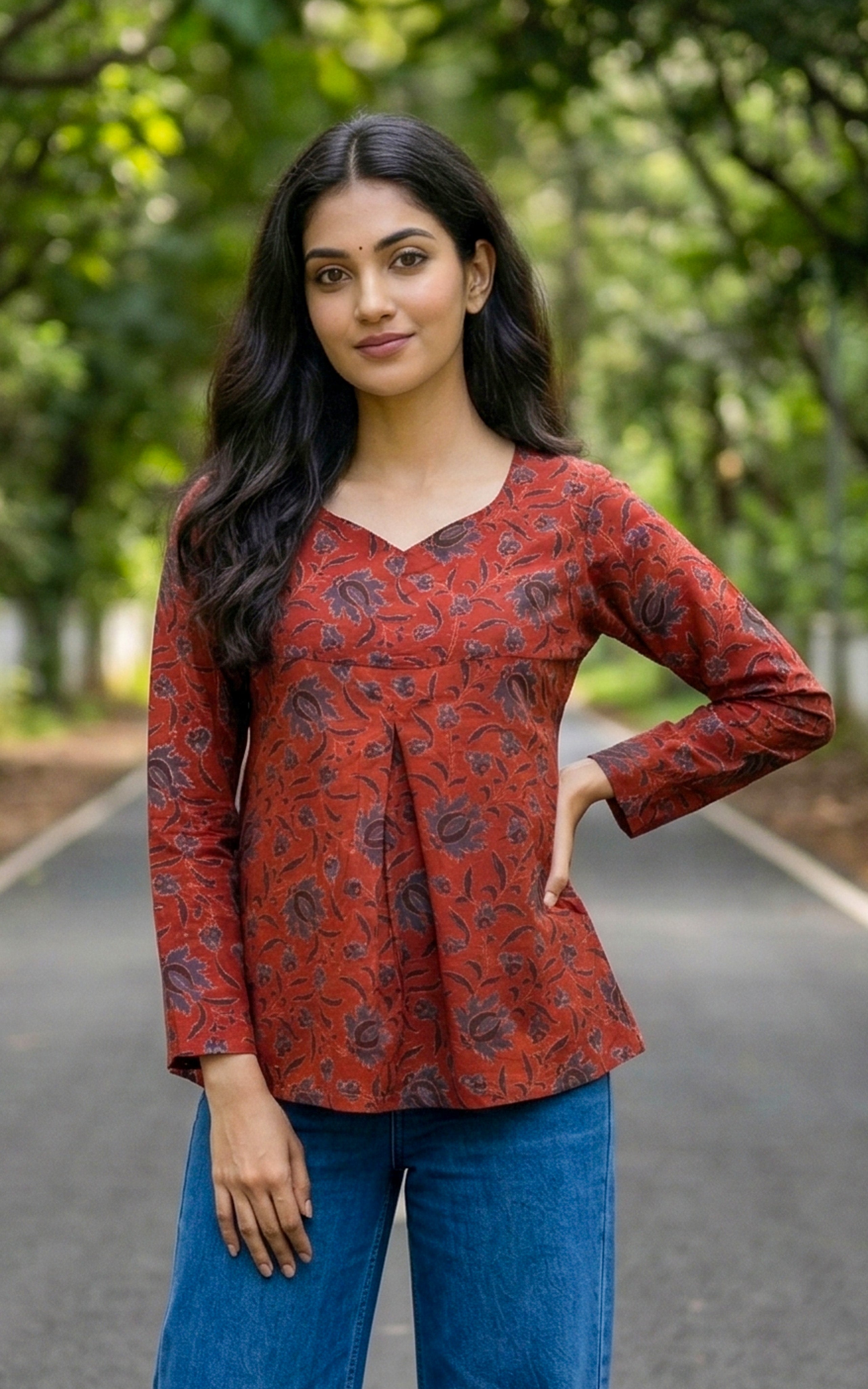 Maroon Hand Block Printed Cotton Top for Women
Flared A-line Maroon Top for Women