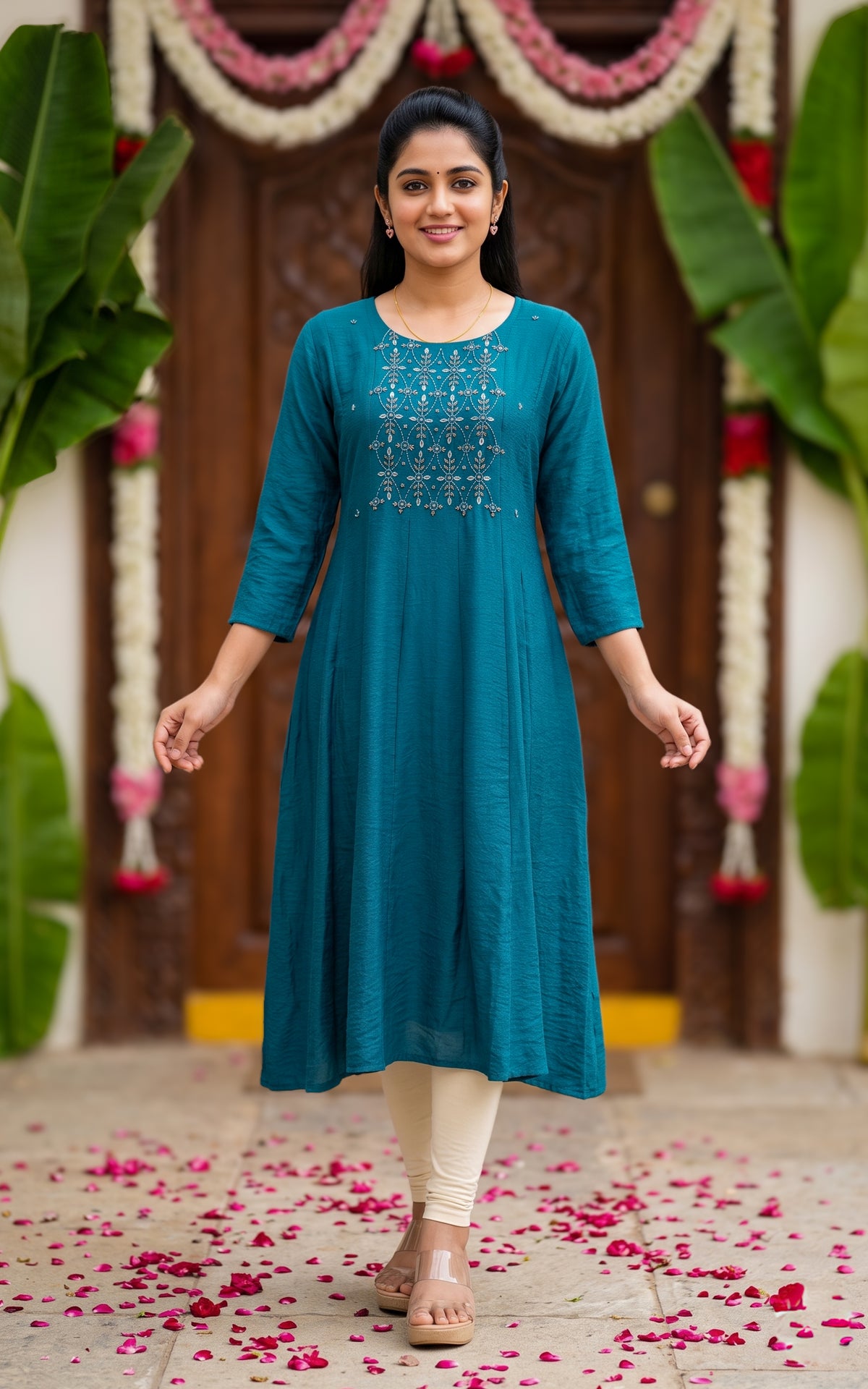 Teal Art Silk Blend Traditional Festive Wear Kurti for Women