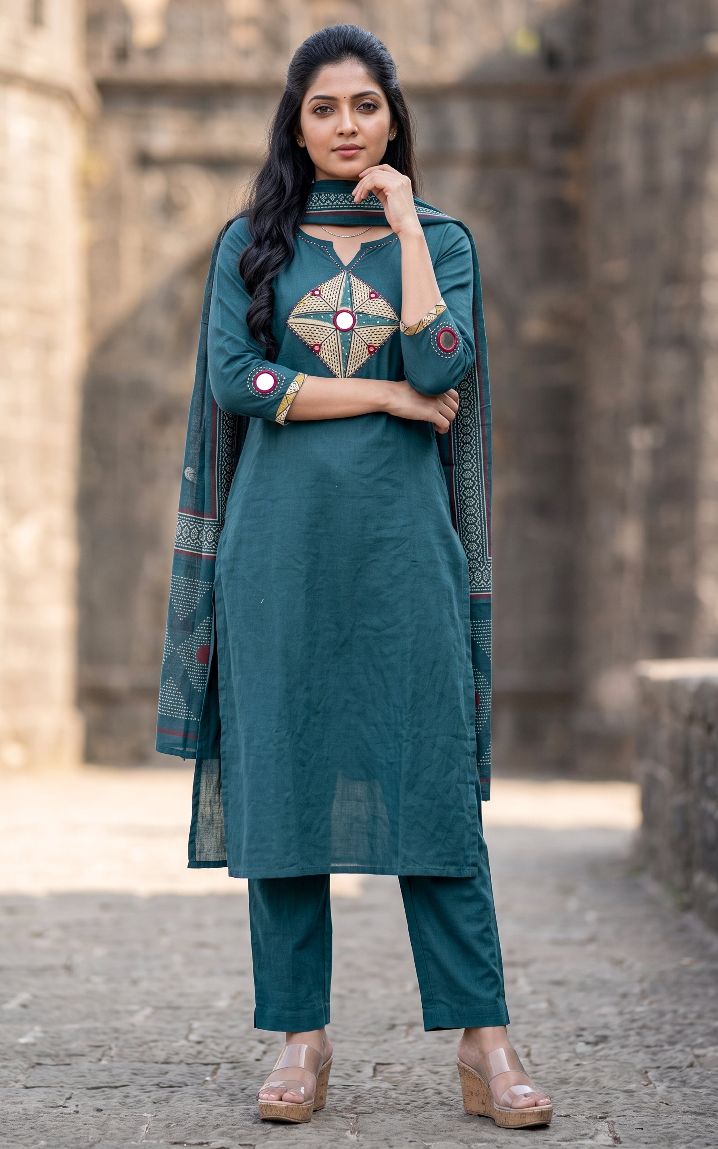 Peacock Blue Cotton Casual Wear Kurti Set for Women