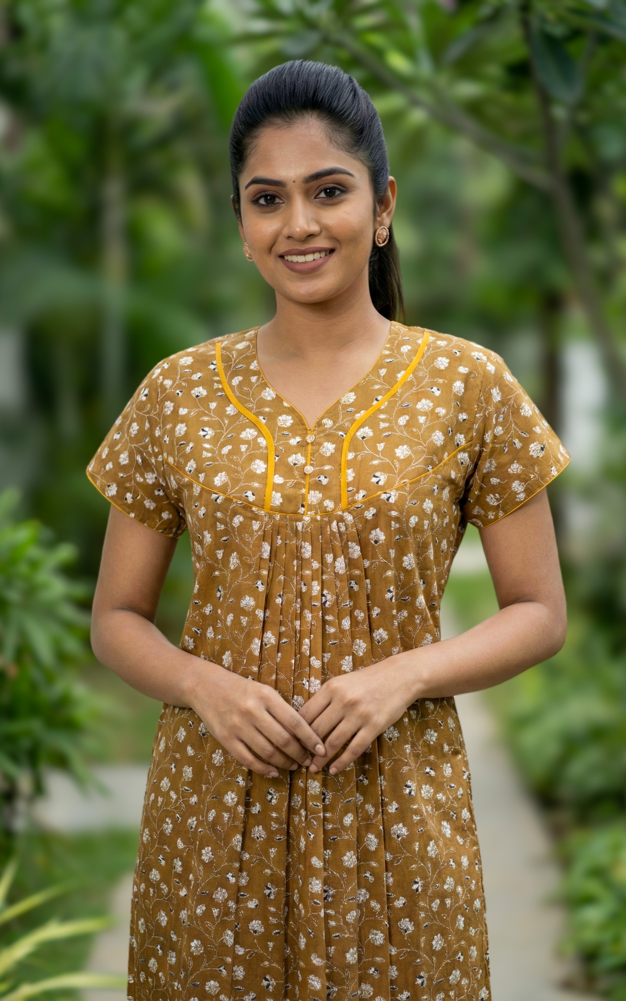 Instore – Mustard Cotton Long Nighty, All-Over Floral Design, Round Neck with Front Button Placket & Pleat Detailing, Relaxed Fit, Women's Sleepwear