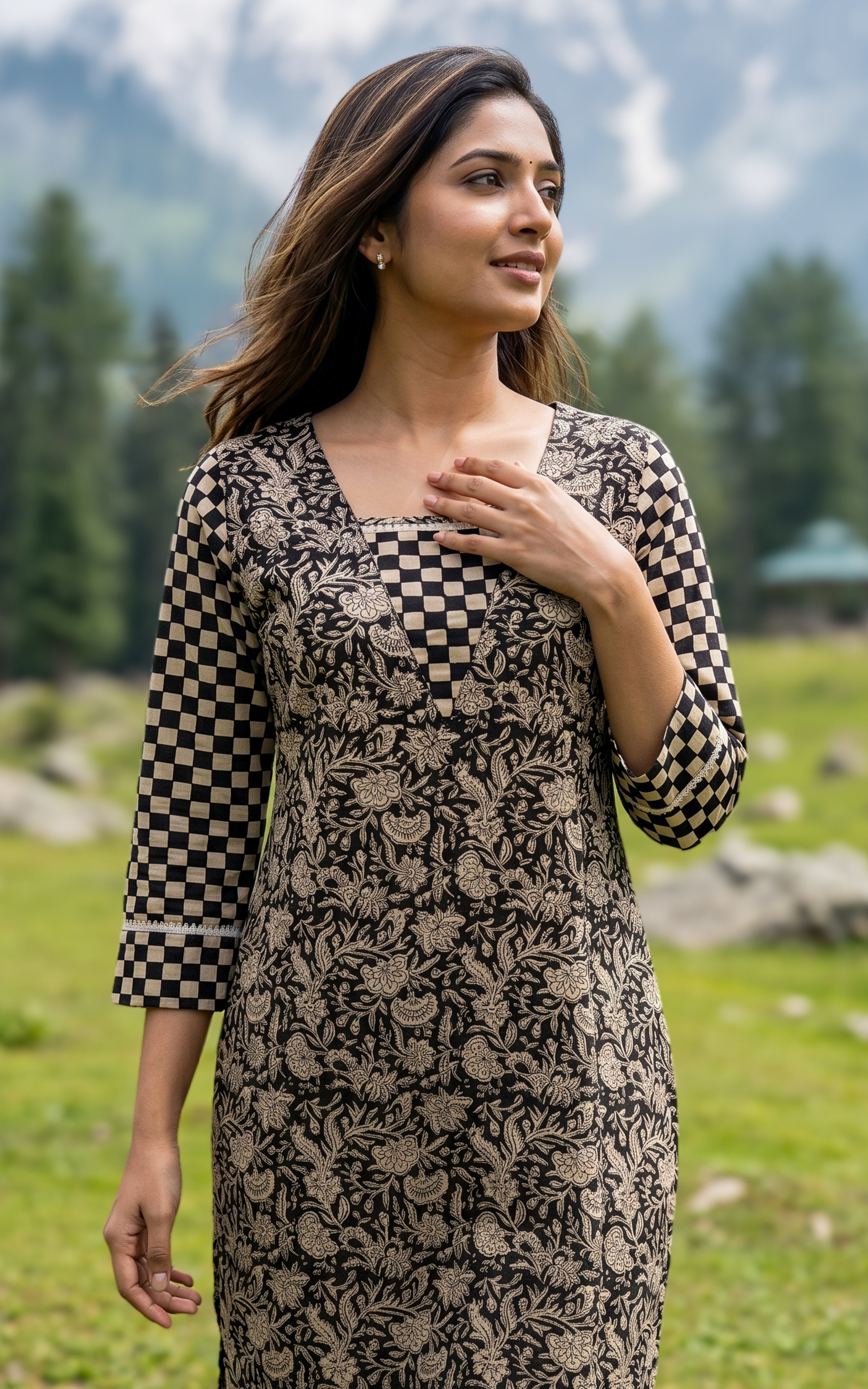 Black Handblock Printed Cotton Kurti For Women