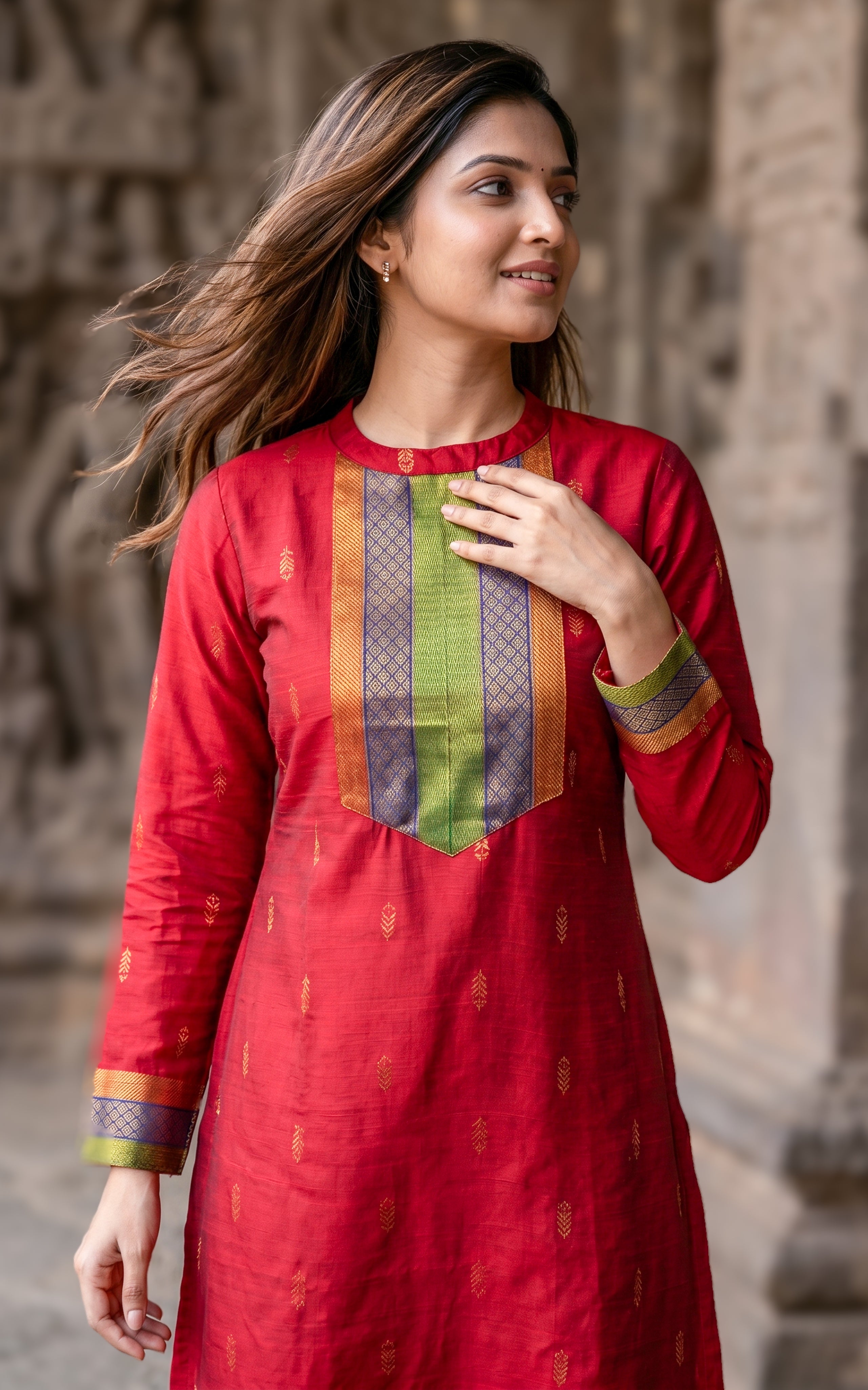 Silk cotton kurti with turtle neck for women