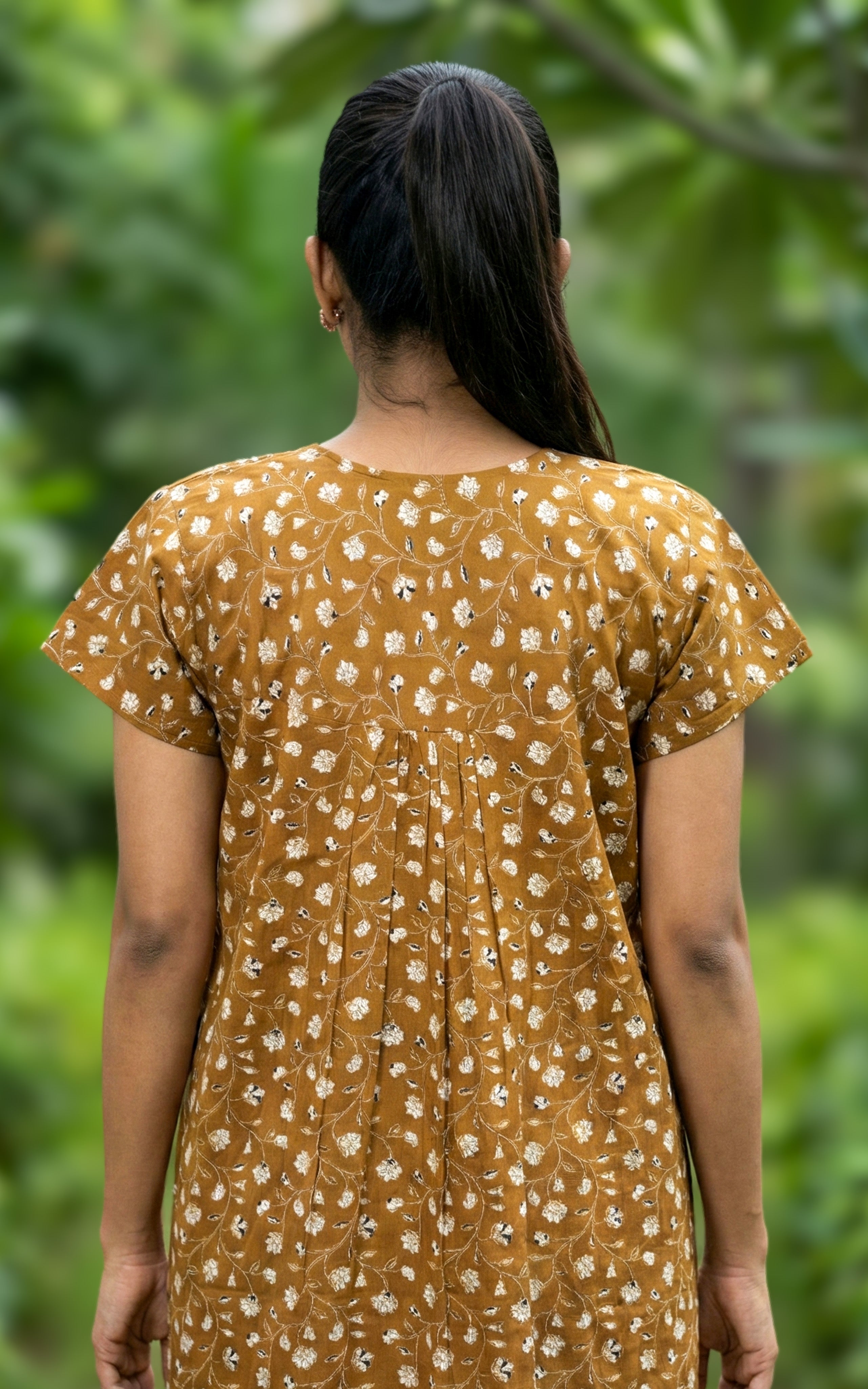 Instore – Mustard Cotton Long Nighty, All-Over Floral Design, Round Neck with Front Button Placket & Pleat Detailing, Relaxed Fit, Women's Sleepwear