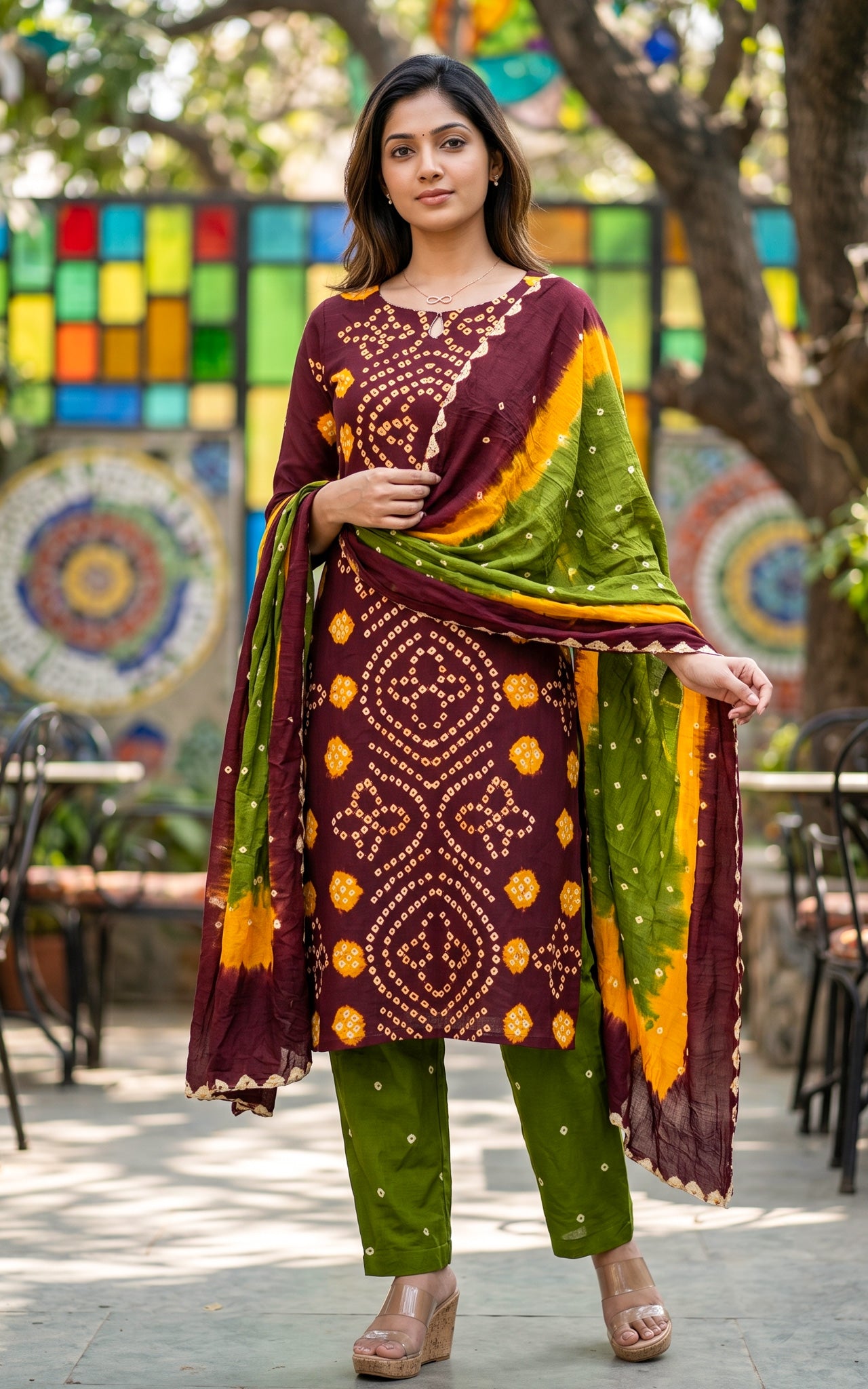 Deep Brown and Mehndi Green Cotton Office Wear Kurti Set for Women