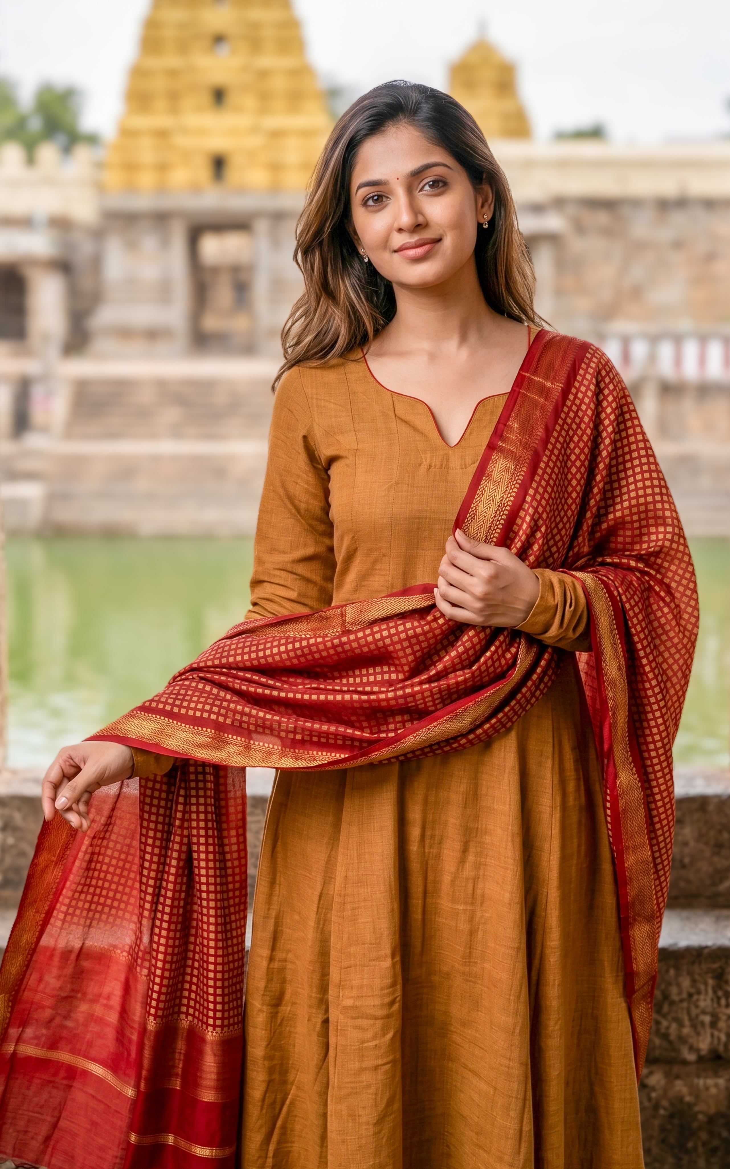 Instore – Mustard Flared Anarkali Kurti with Dupatta for Women – Casual Wear – Ethnic Wear