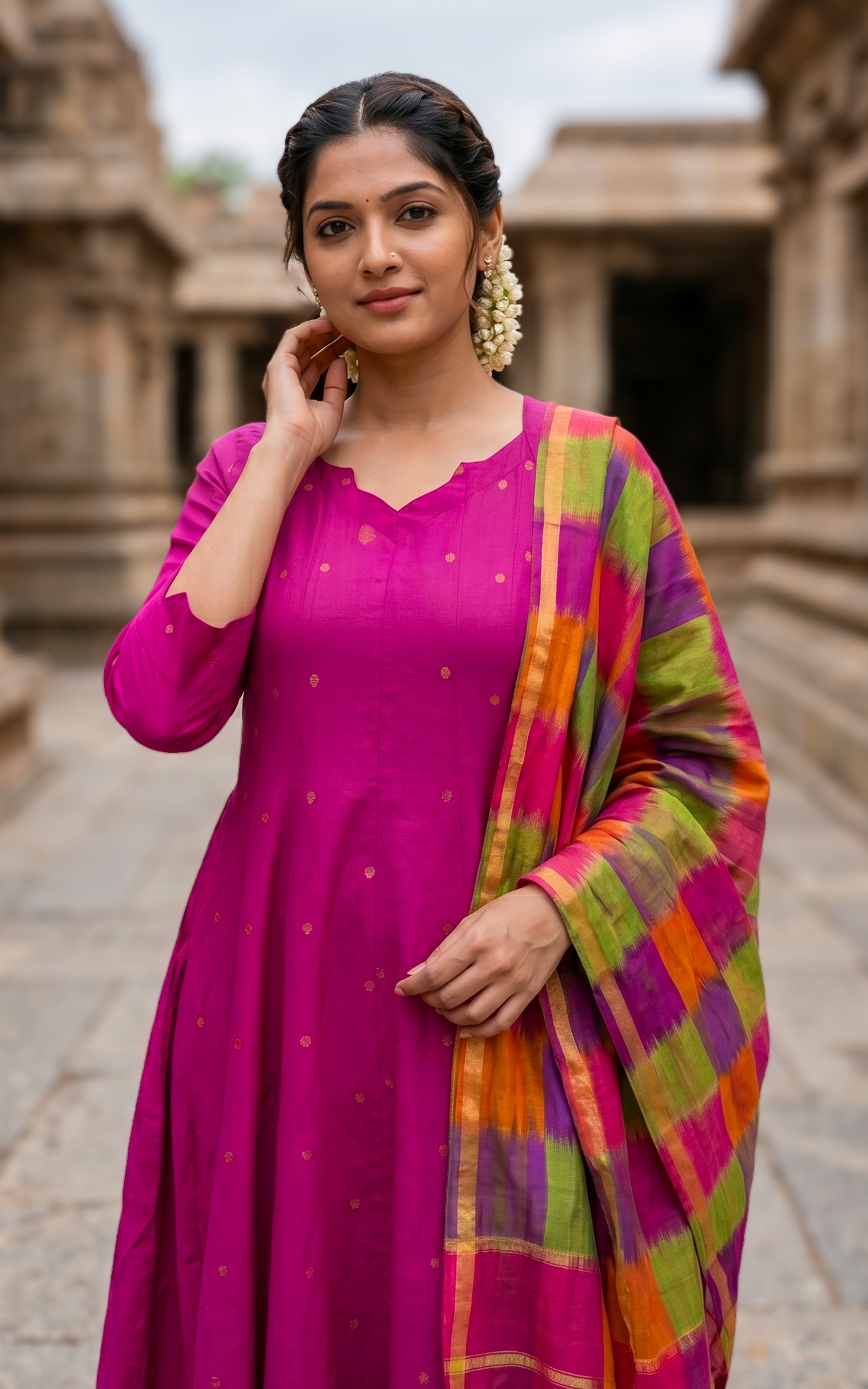 Instore – Pink Thashika Anarkali Kurti with Dupatta for Women – Cotton – Full Flared Silhouette – Festive Ethnic Wear