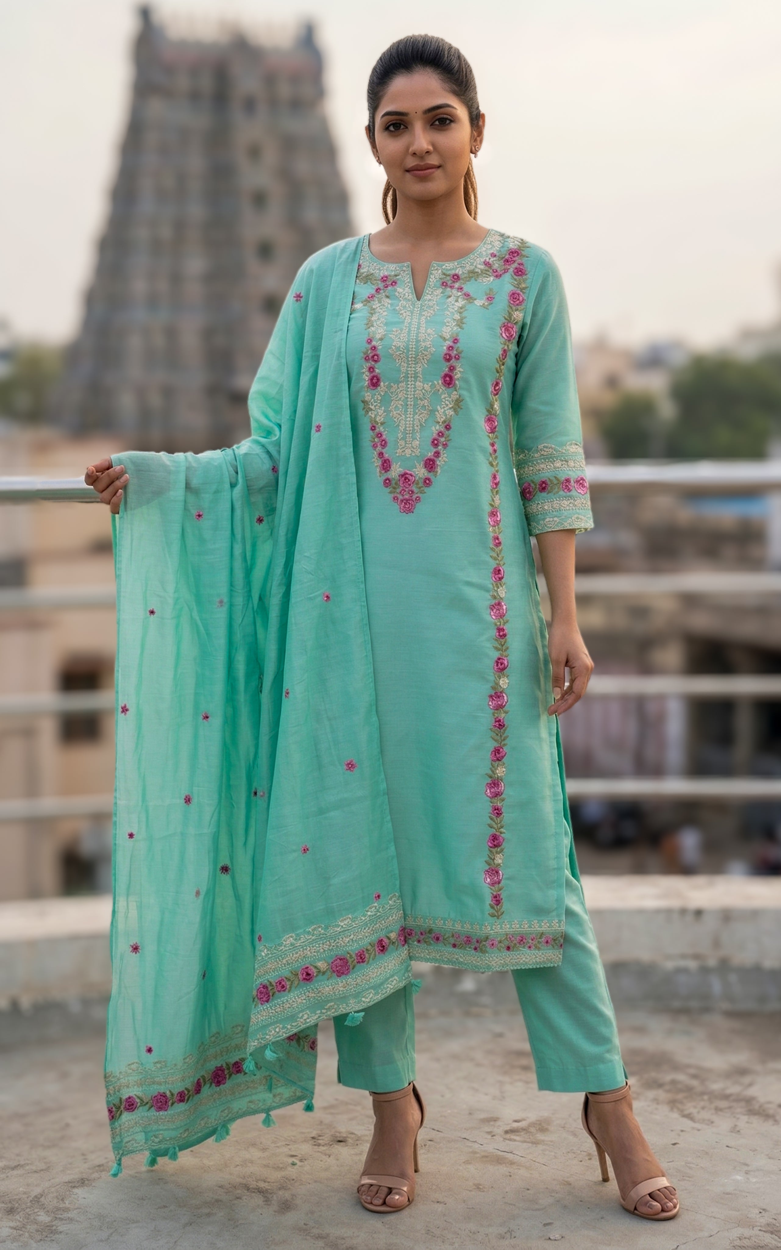 Elegant chanderi kurti with matching embroidery dupatta
Festive wear chanderi embroidered kurti set for women