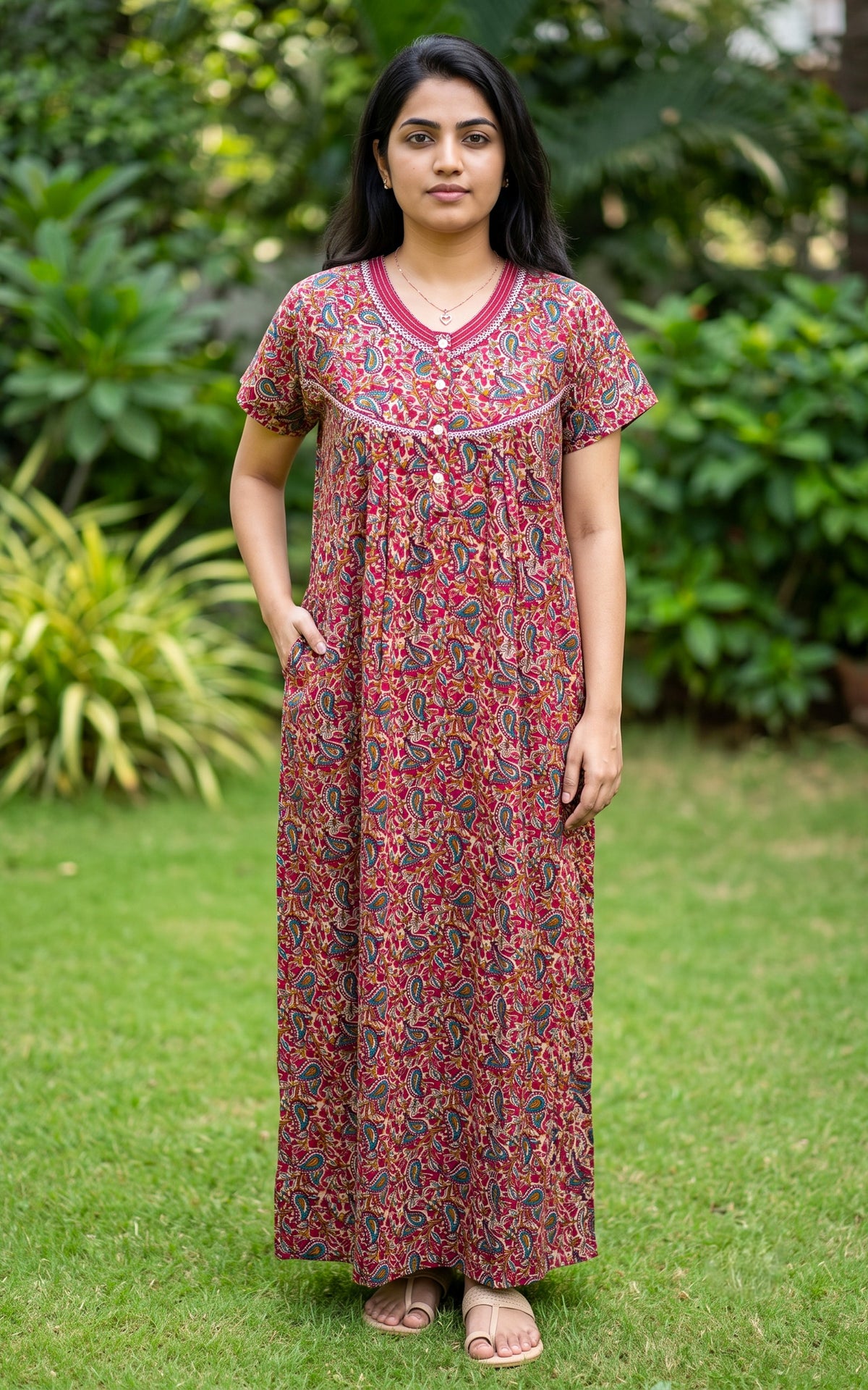 Instore – Reddish Pink Cotton Straight Fit Nighty for Women – Cotton – Printed – Ethnic Wear