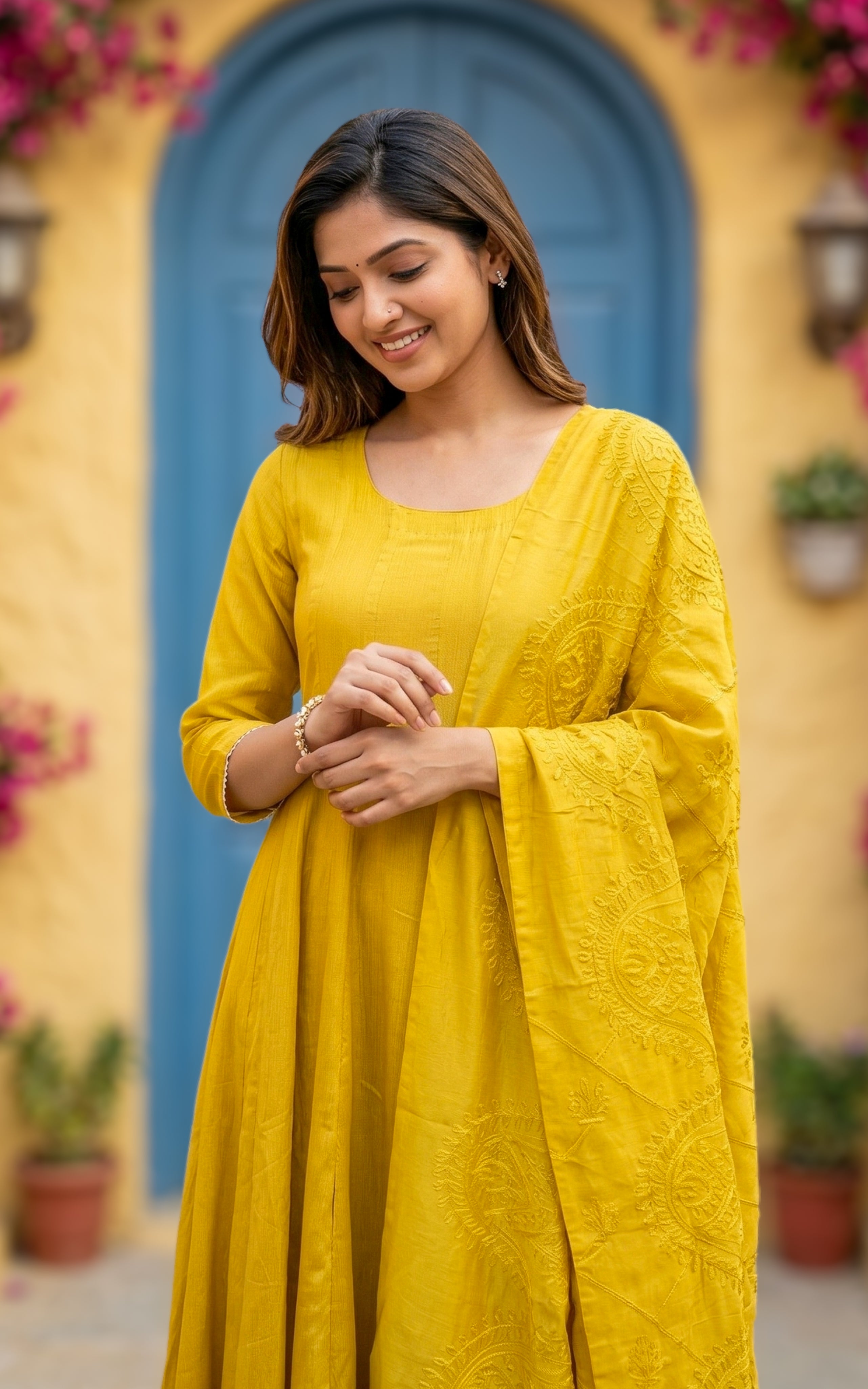 Instore – Mustard Sreelekha Anarkali Kurti with Dupatta for Women – Crushed Faux Silk – Golden Detailing – Festive Ethnic Wear