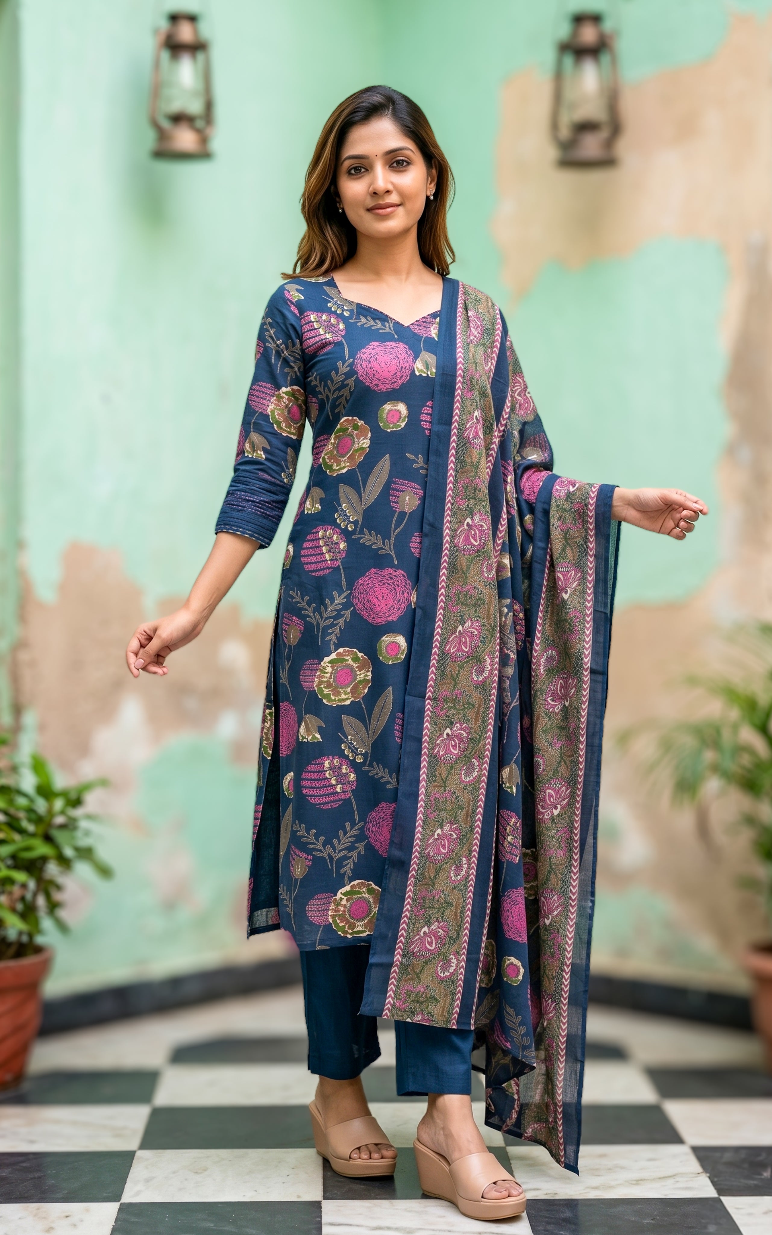 Blue cotton kurti with straight pant for women