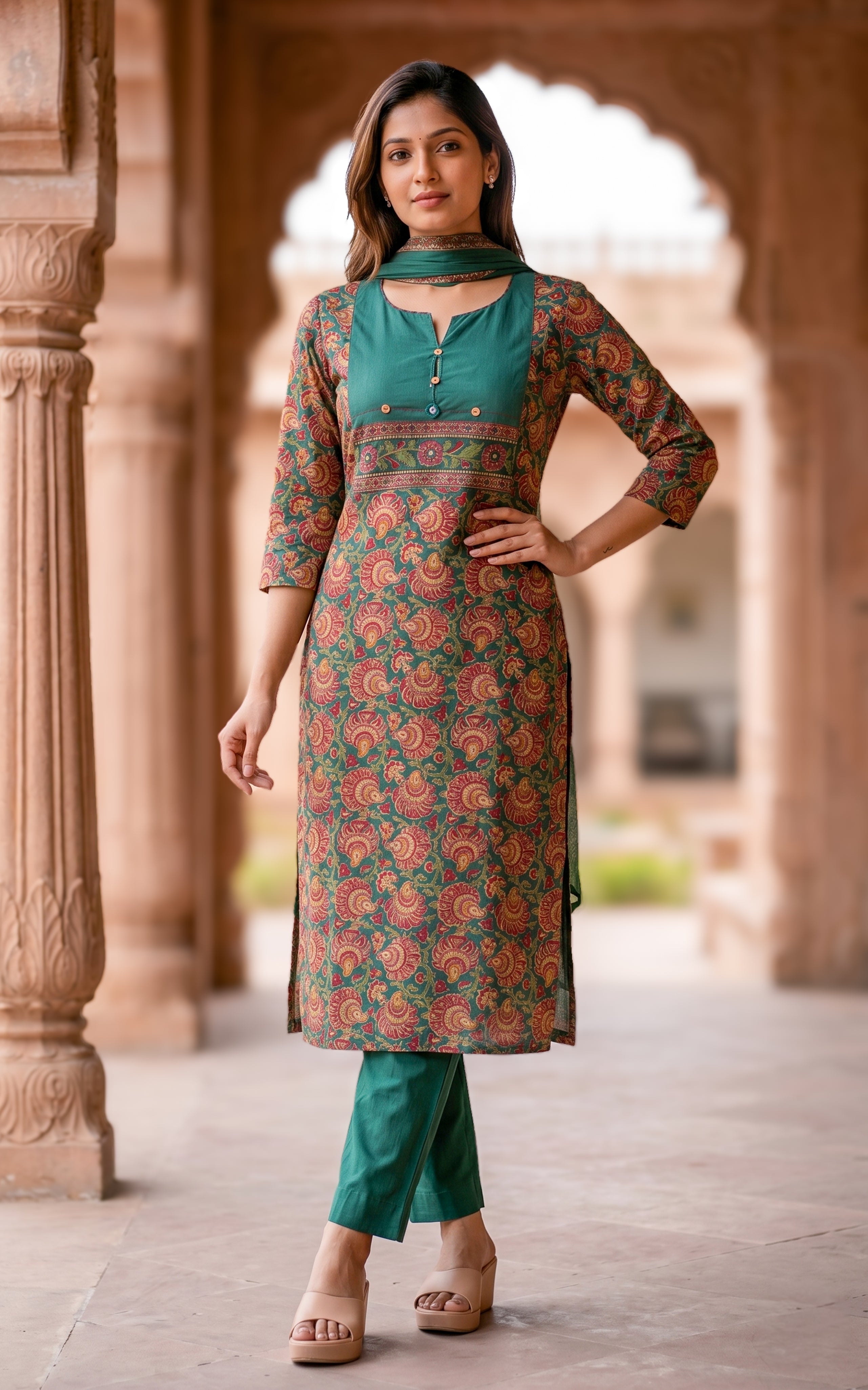 Green Cotton Kurti Set For Women