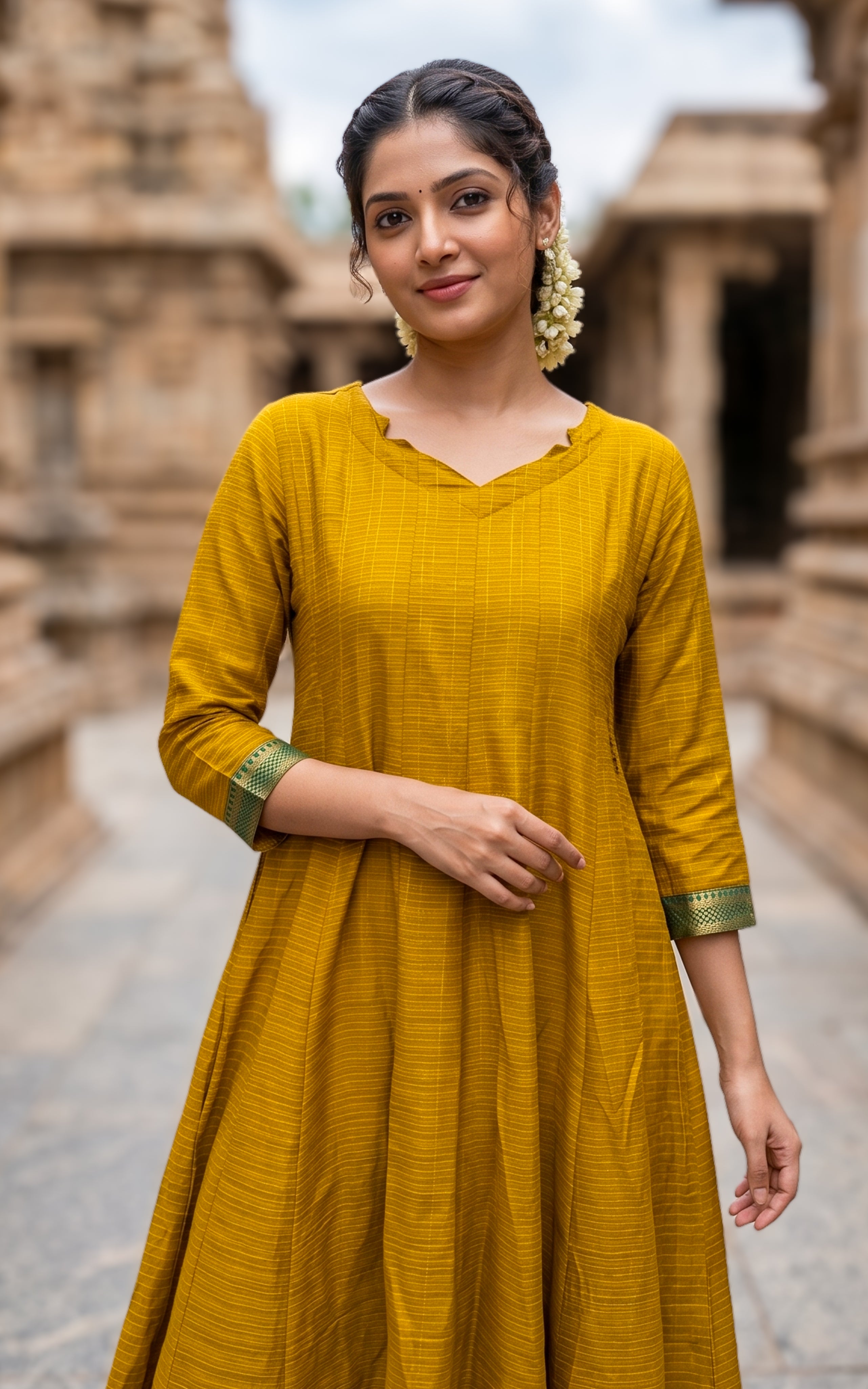 Instore – Mustard Azhagumalar Anarkali Kurti for Women – Slub Cotton – Contrast Zari Border – Festive Ethnic Wear
