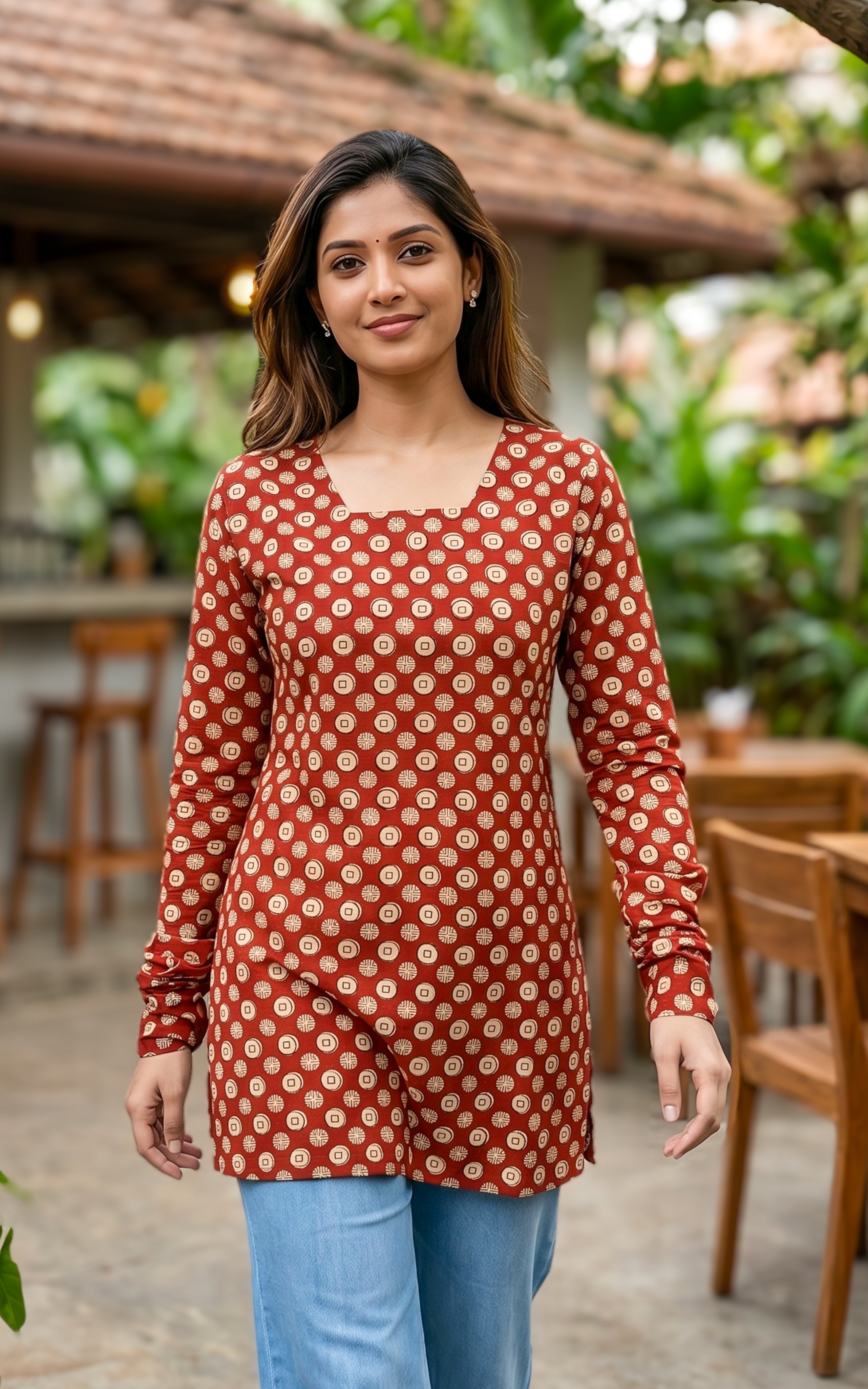 Instore – Handblock Printed Cotton Short Straight Cut Kurti for Women – Gathered Sleeves – Ethnic Wear