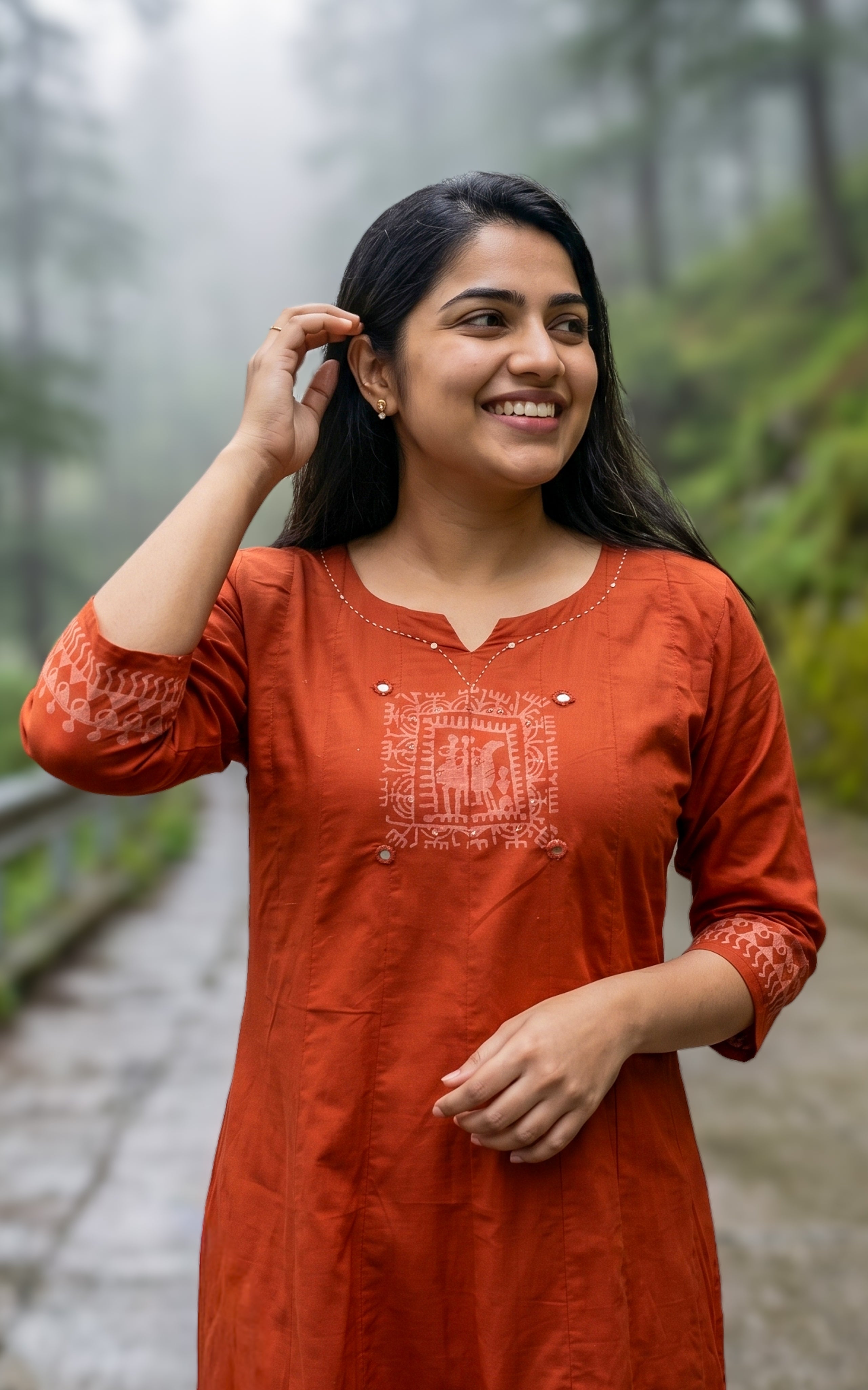 Instore – Rust Handblock Printed Cotton Anarkali Kurti for Women – Ethnic Wear
