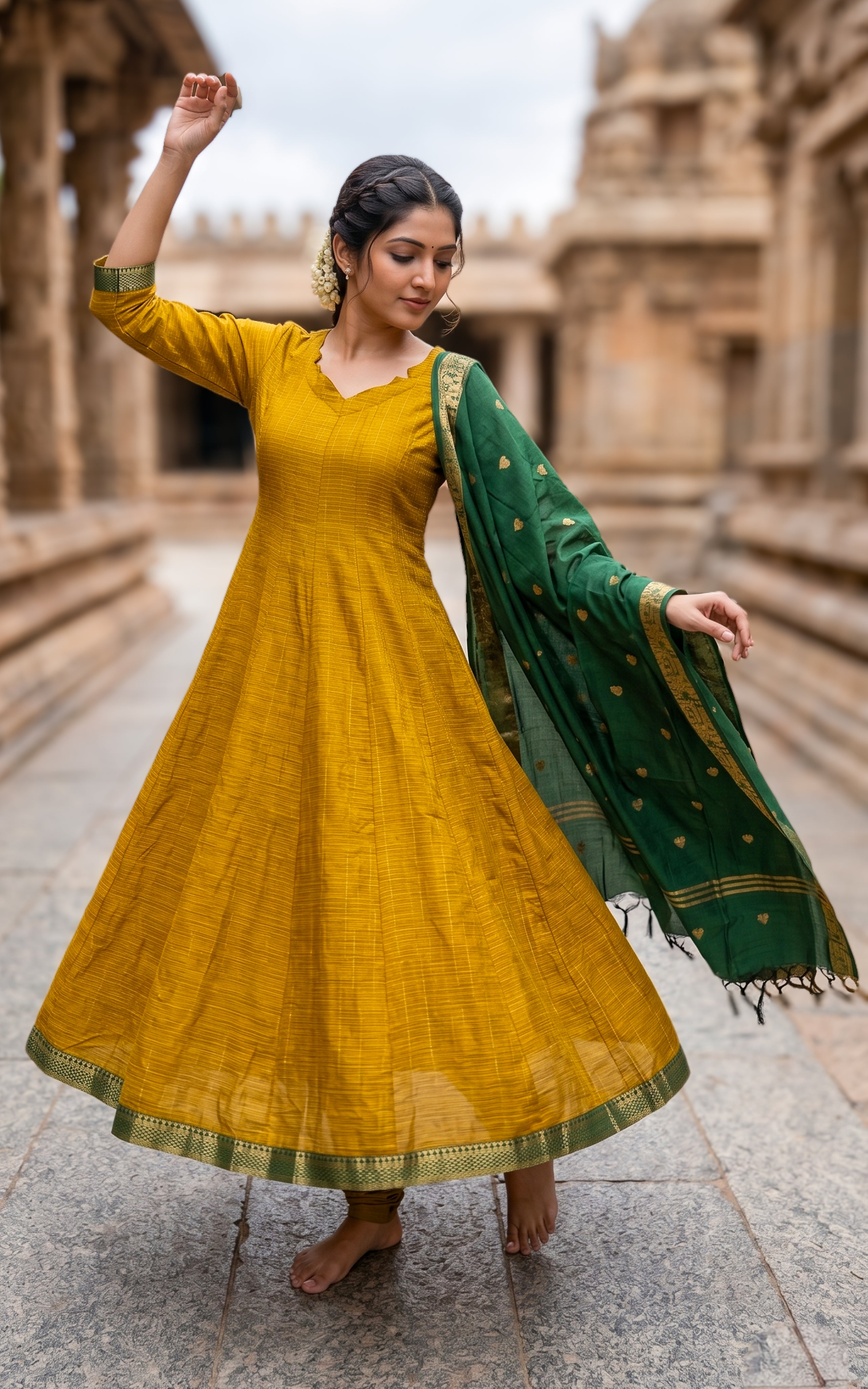 Instore – Mustard Azhagumalar Anarkali Kurti with Dupatta for Women – Slub Cotton – Contrast Zari Border – Festive Ethnic Wear