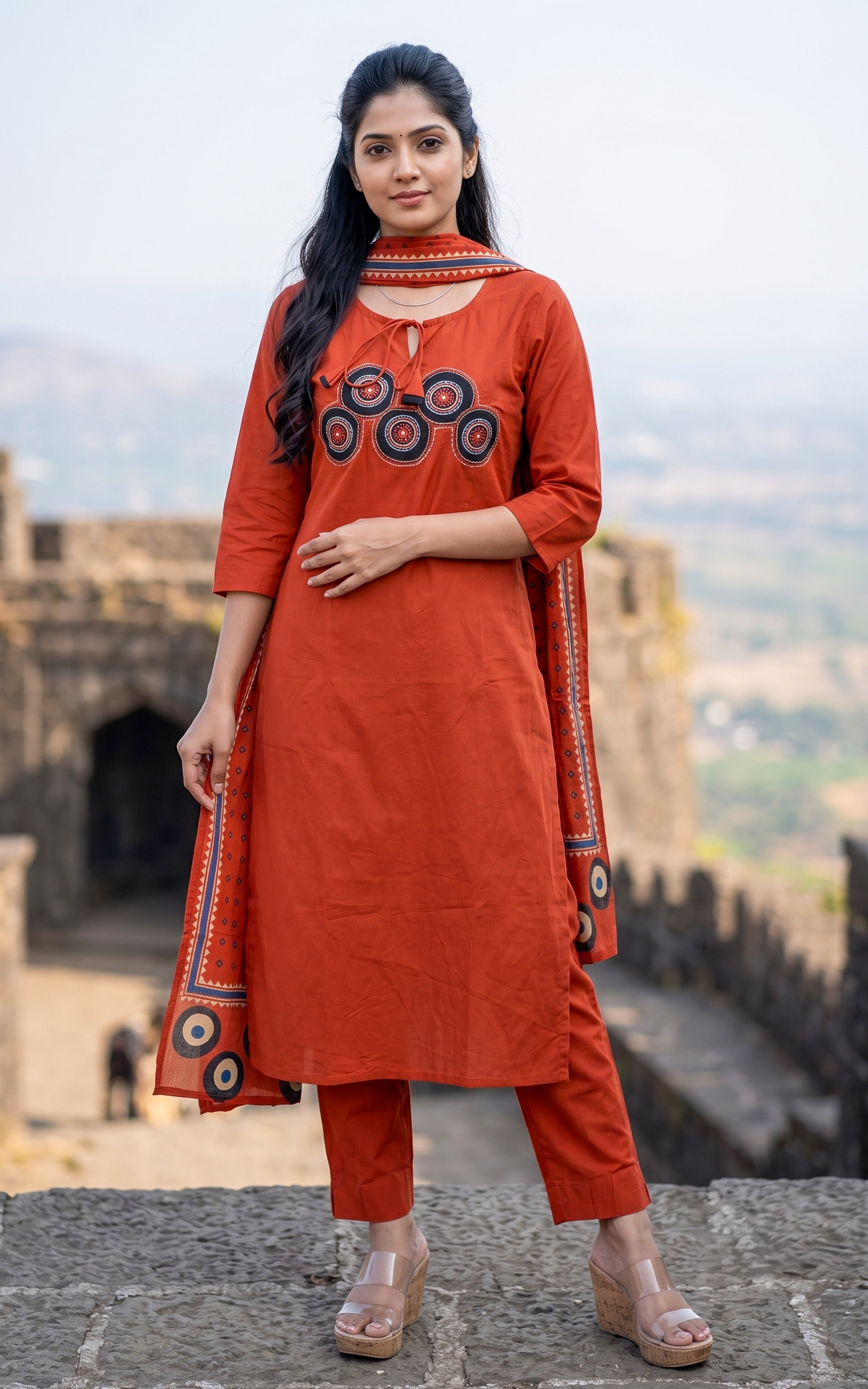 Brick Red Cotton Casual Wear Kurti Set for Women