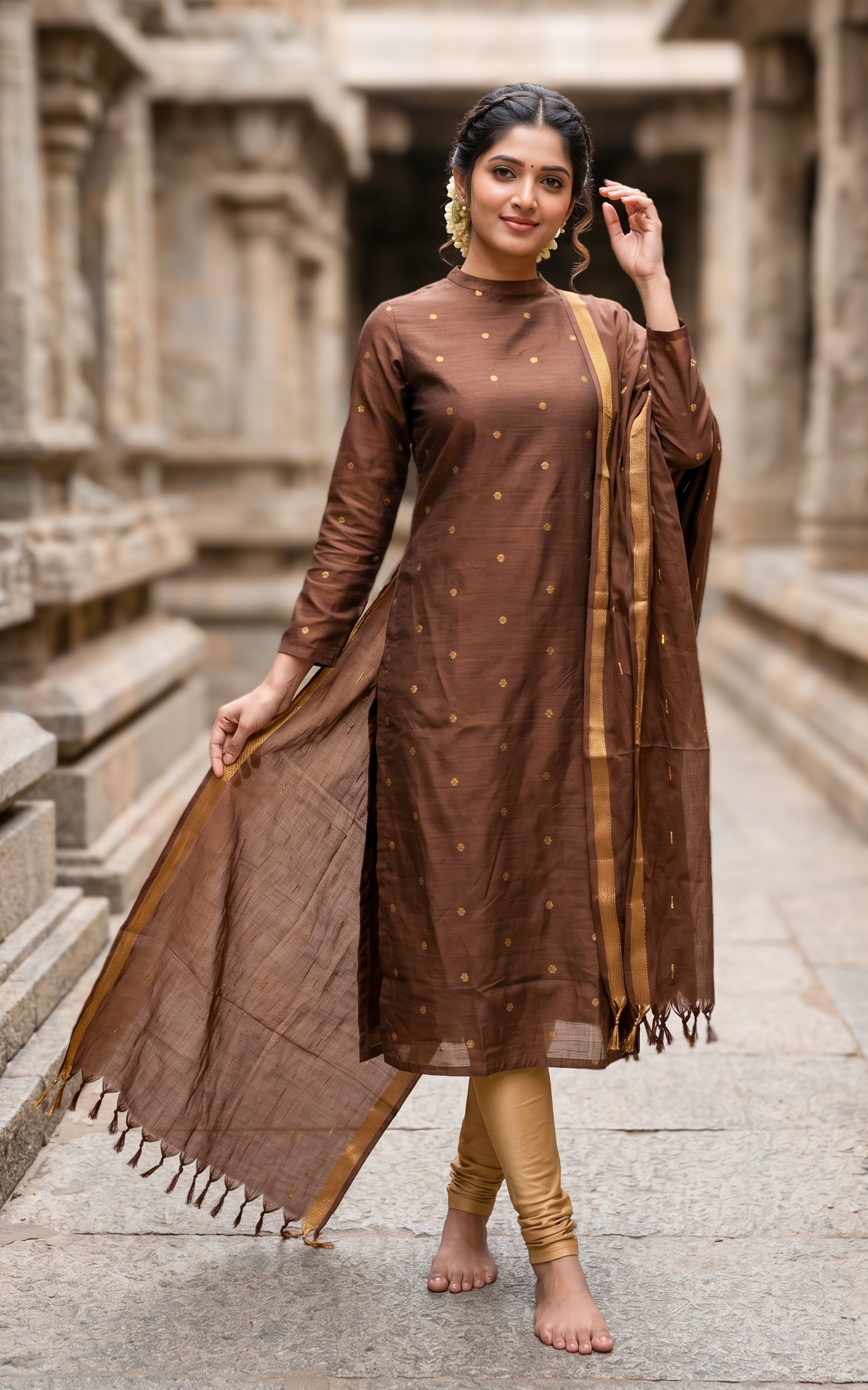 Instore – Brown Sudari Straight Cut Kurti with Dupatta for Women – Silk Cotton – Turtle Neck – Festive Ethnic Wear