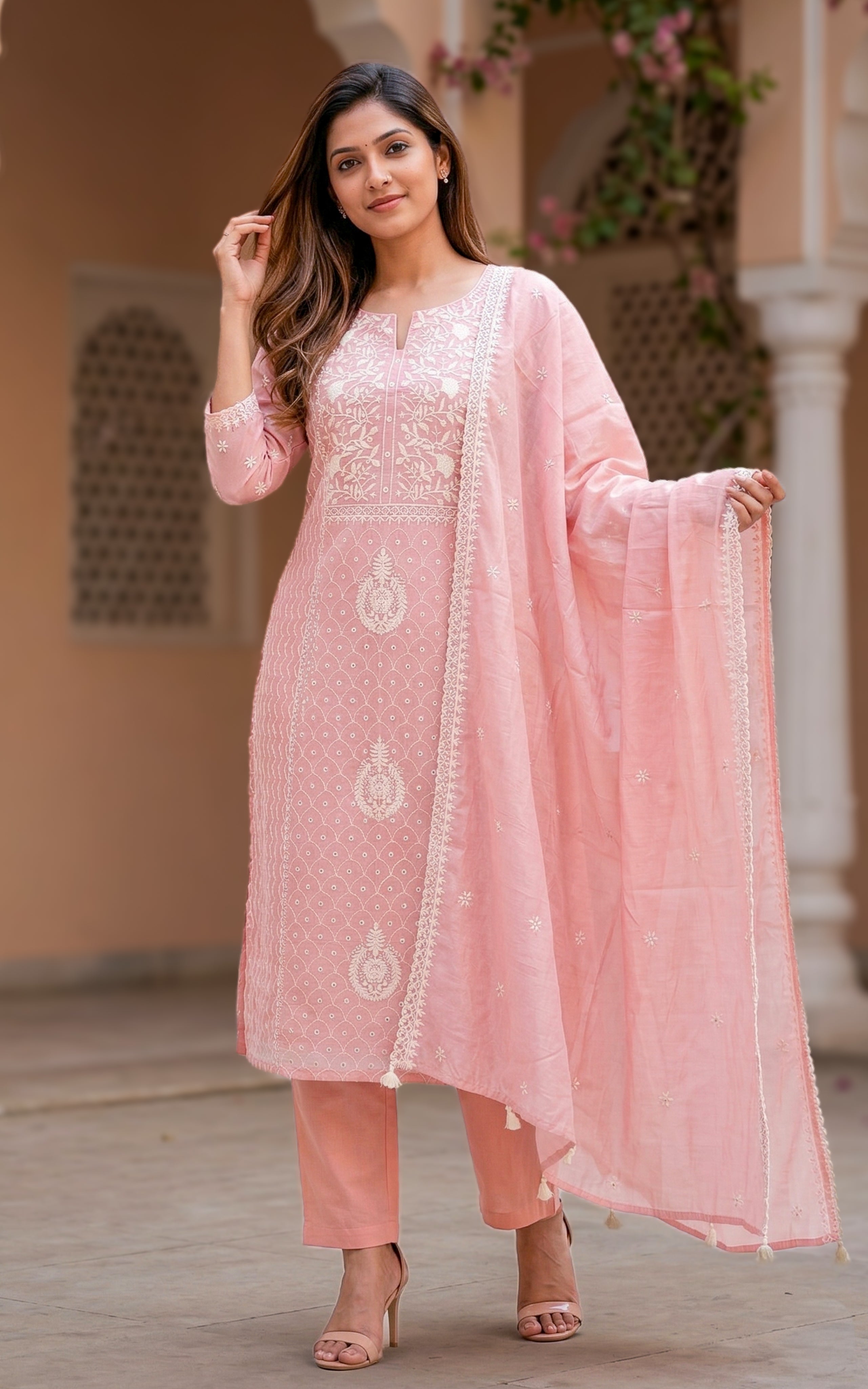 Chanderi kurti with scalloped edge floral butti dupatta