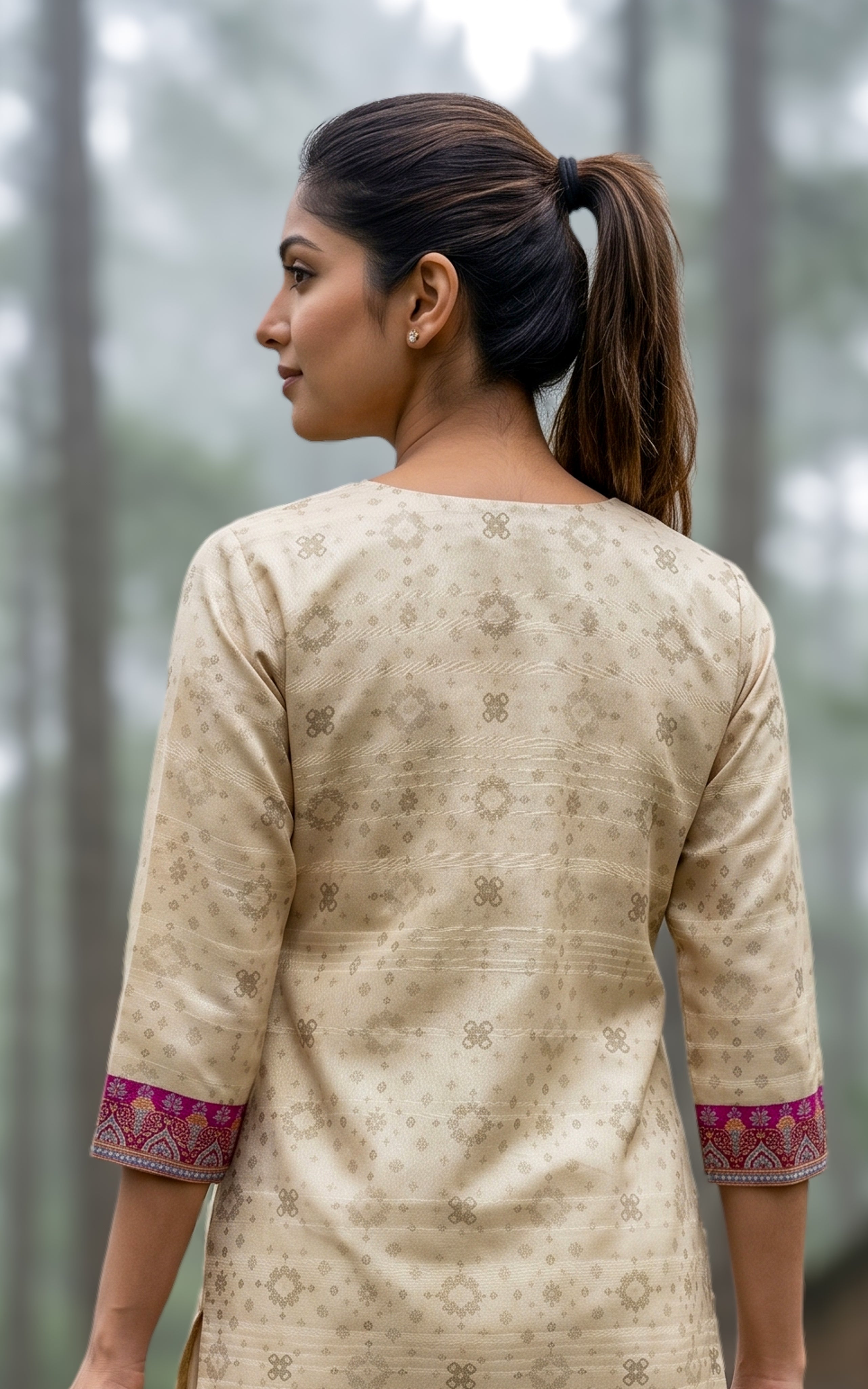 Instore – Beige Madhumeena Kurti Pant Dupatta Set for Women – Art Silk – Festive Ethnic Wear