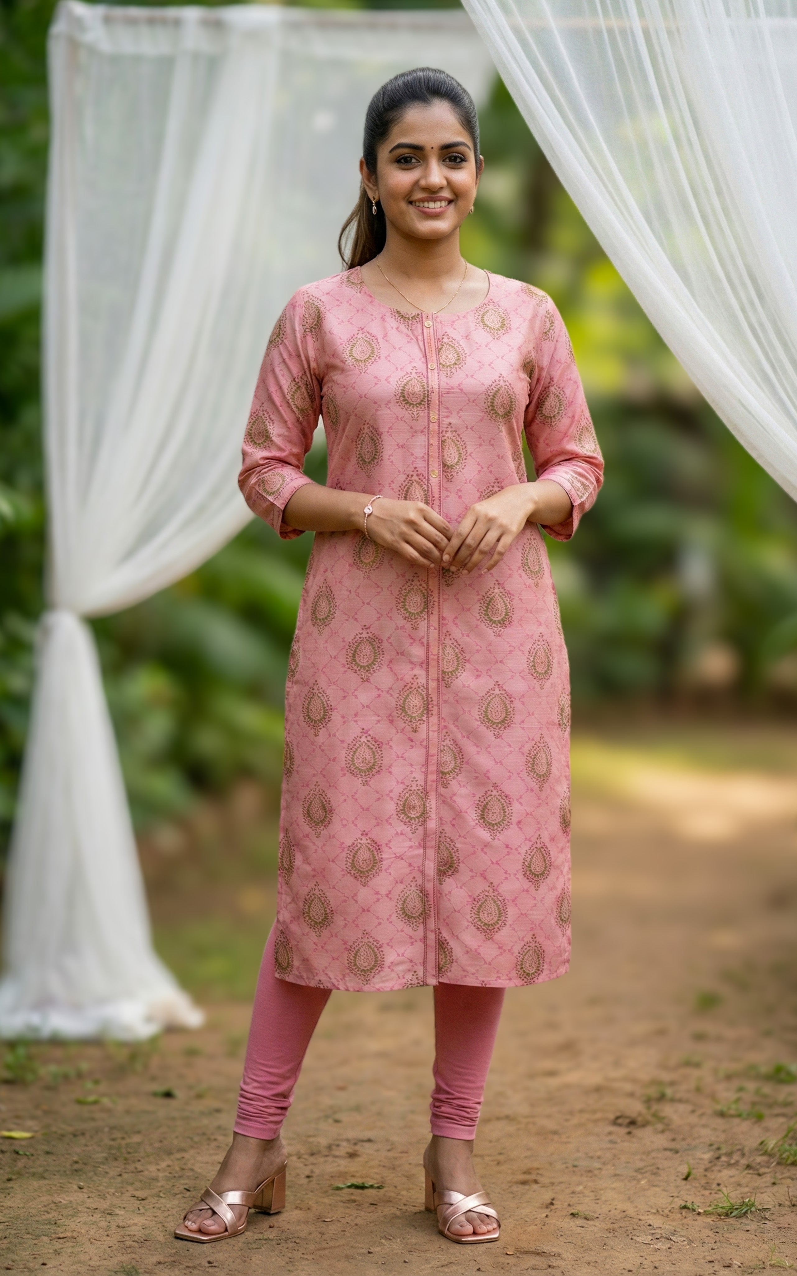 Peach Silk Cotton Straight Cut Kurti For Women