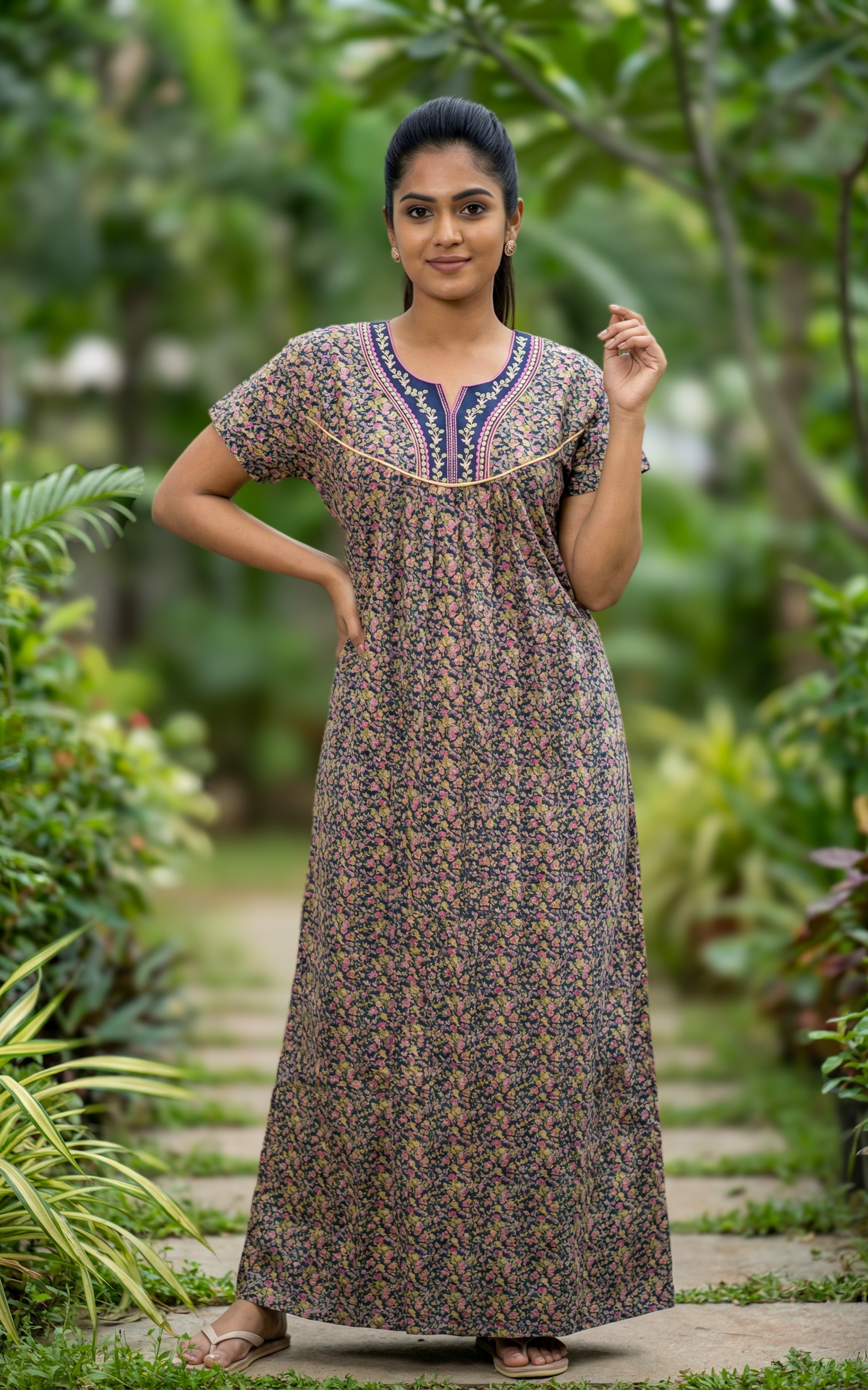 Instore – Navy Blue Cotton Long Nighty, All-Over Floral Print, Round Neck with Contrast Yoke & Decorative Embroidery, Relaxed Fit, Women's Sleepwear