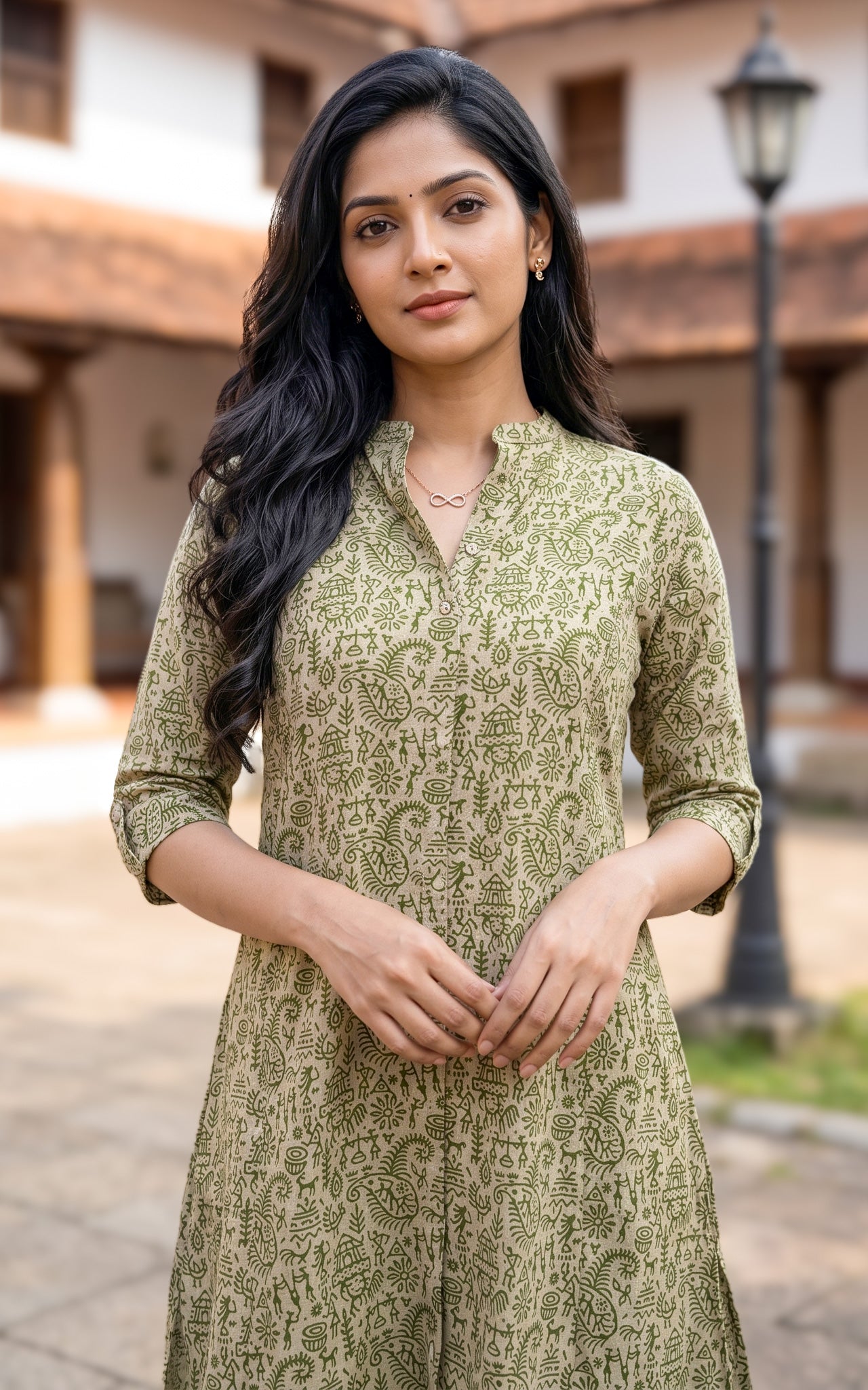 Mehandi Green and Beige Cotton Flex Kurti Set for Women