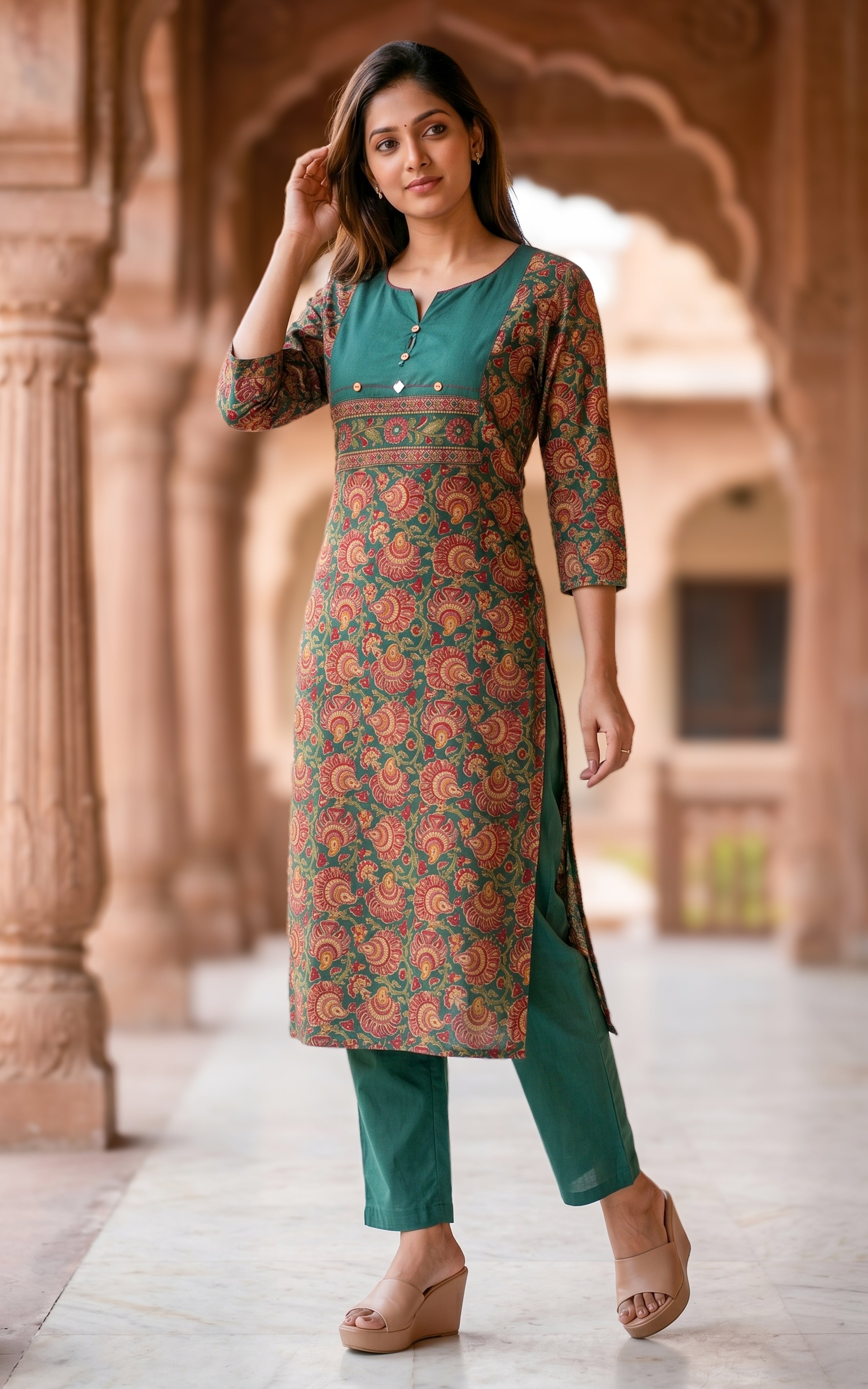 Green Cotton Kurti With Straight Pant Set Women