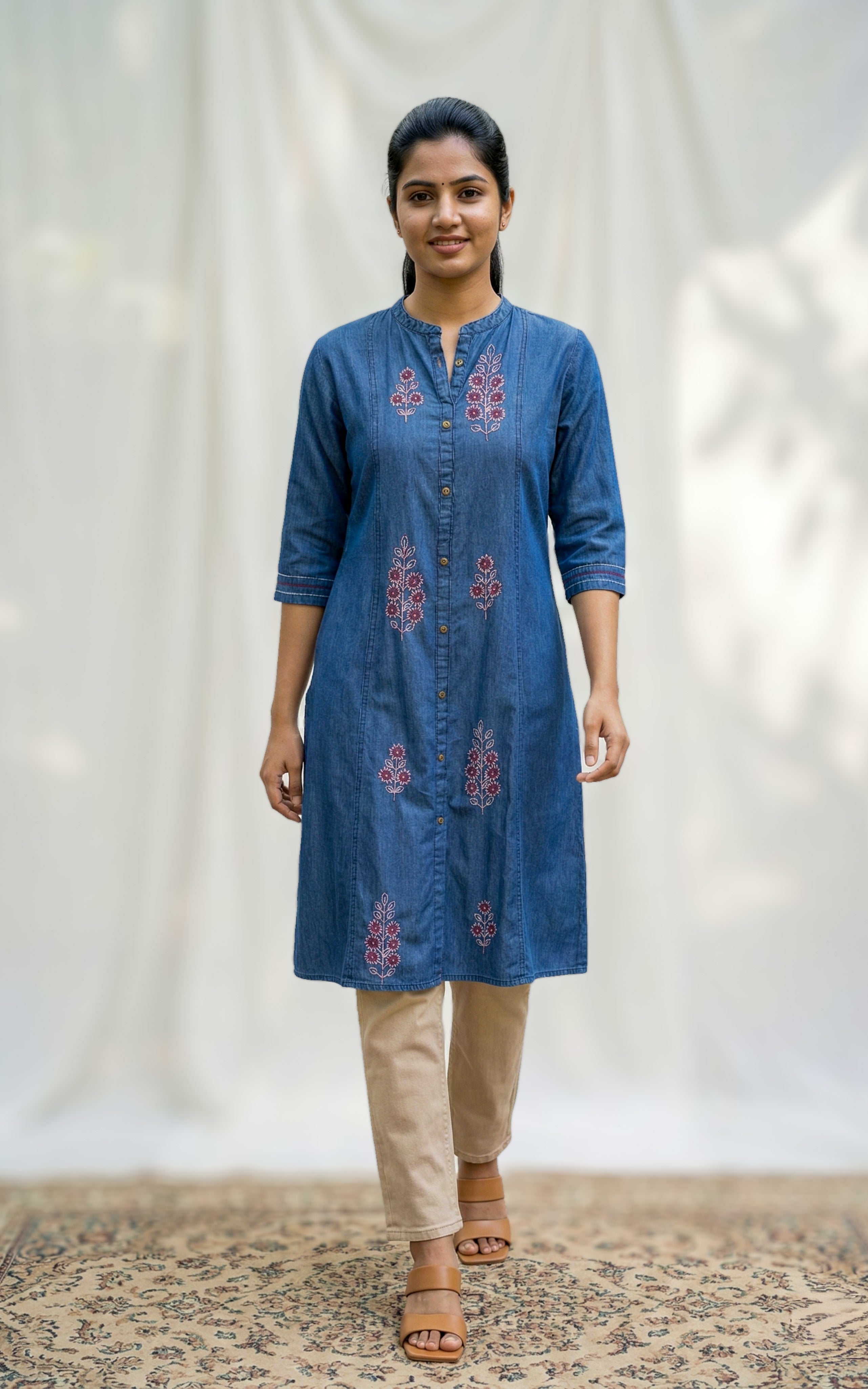denim office wear kurti
elegant aline denim kurti with embroidery
formal denim kurti for office
simple denim kurti with pocket