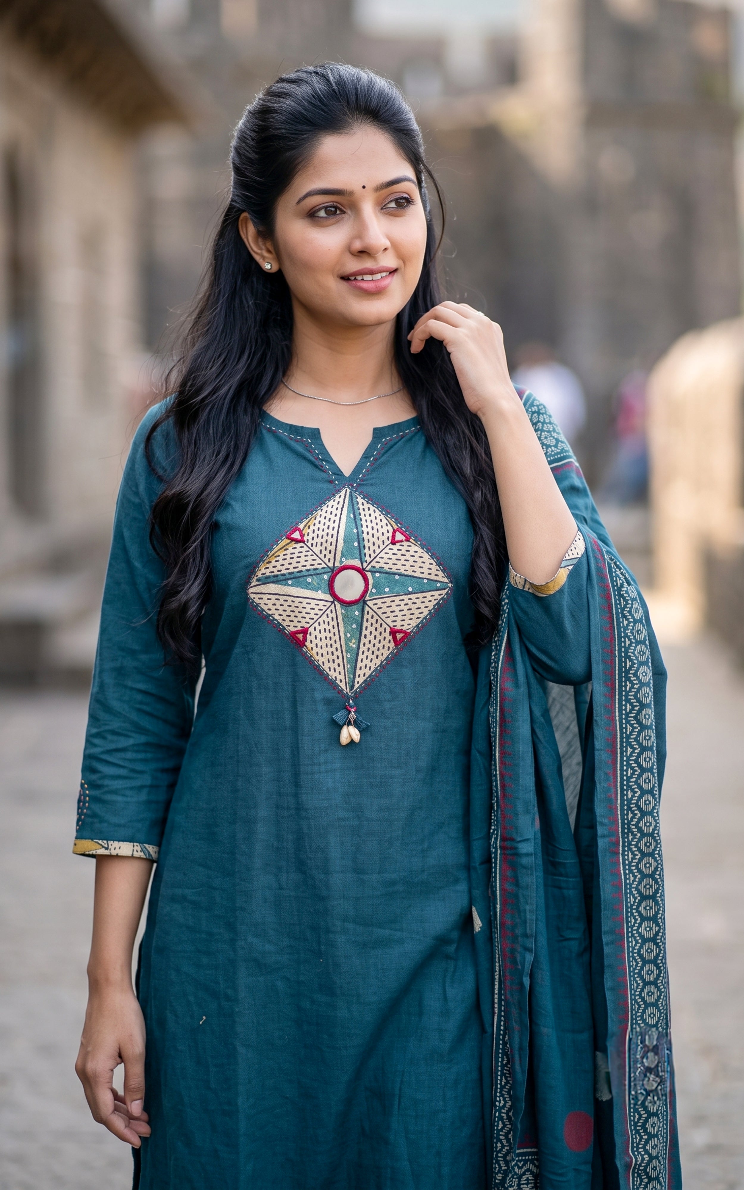 Peacock Blue Cotton Kurti Set for Women
