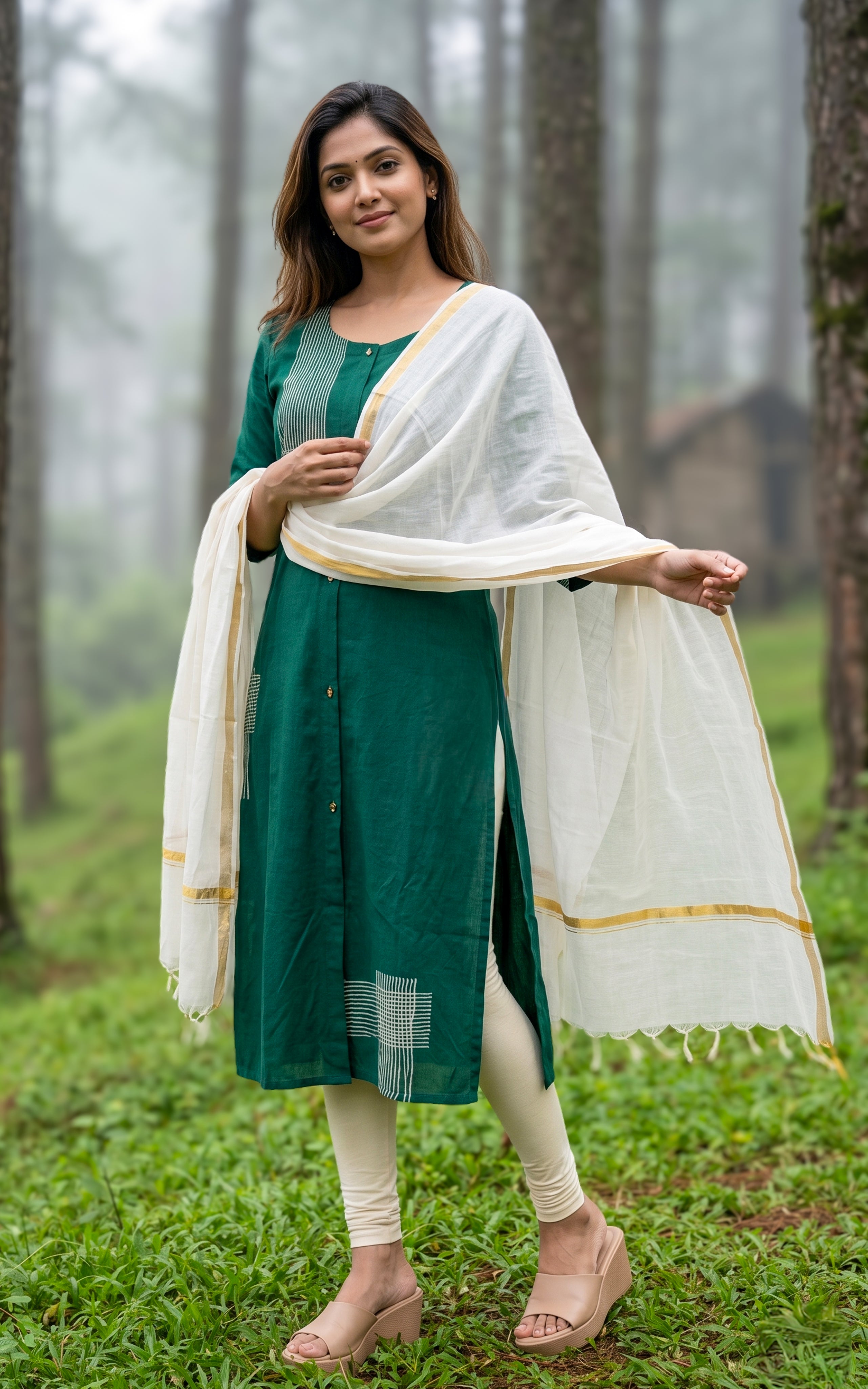 Instore – Green Handblock Printed Cotton A-Line Kurti with Dupatta for Women – Ethnic Wear