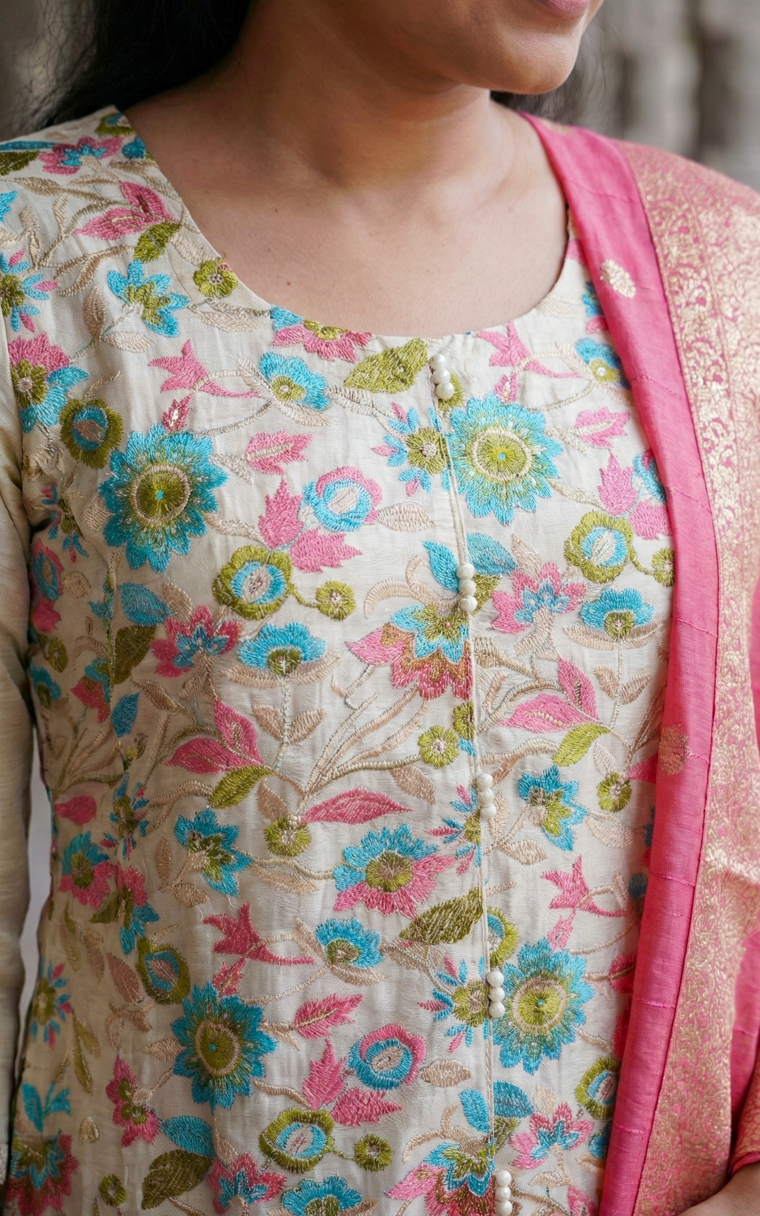 Instore - Beige Color Chanderi Silk Straight Cut Kurti with Side Slit & Floral Embroidery and Contrast Zari Dupatta