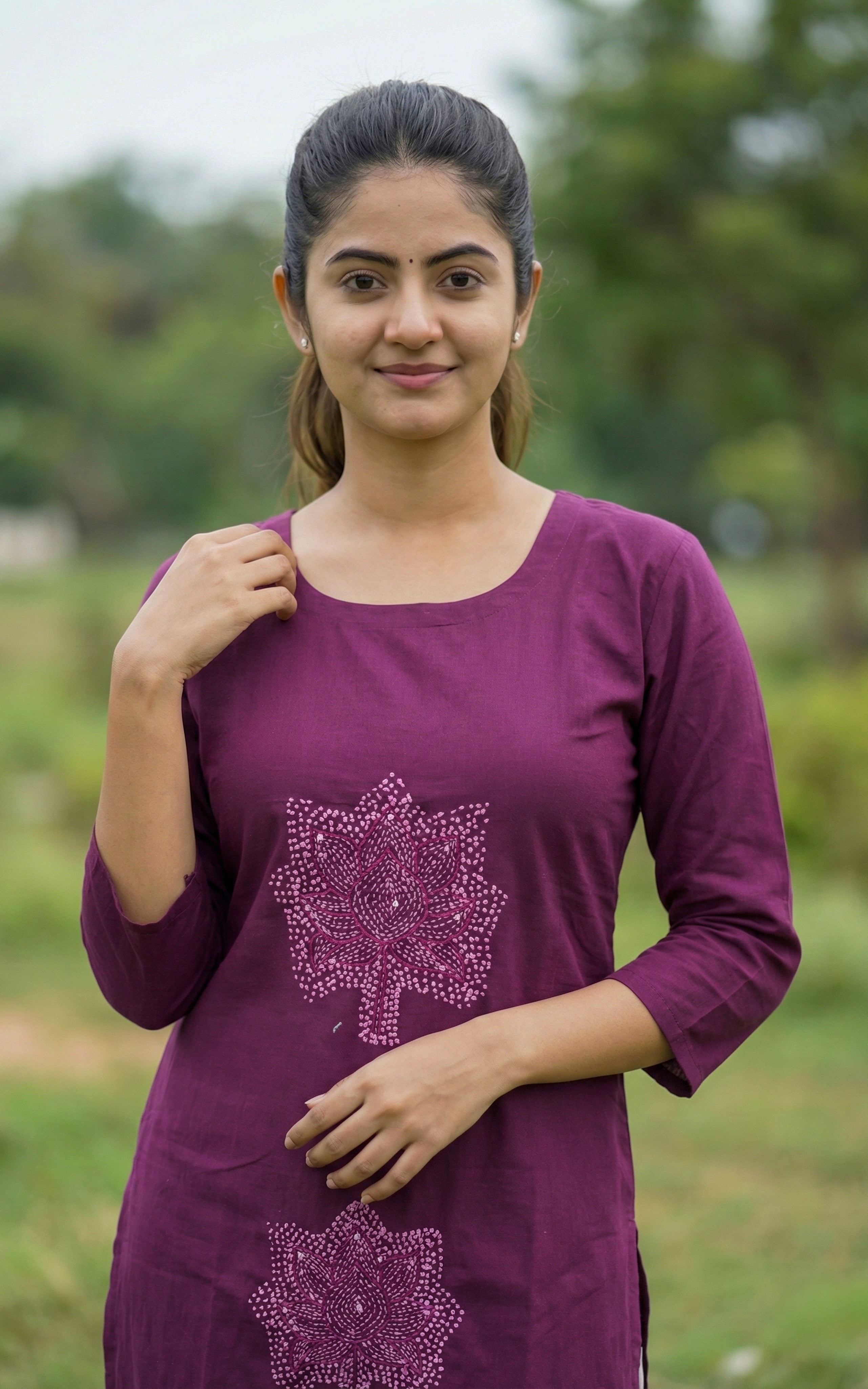 Instore - Purple Cotton Chikankari Embroidery Straight Cut Kurti with Side Slit & Pant with One Side Pocket, No Lining