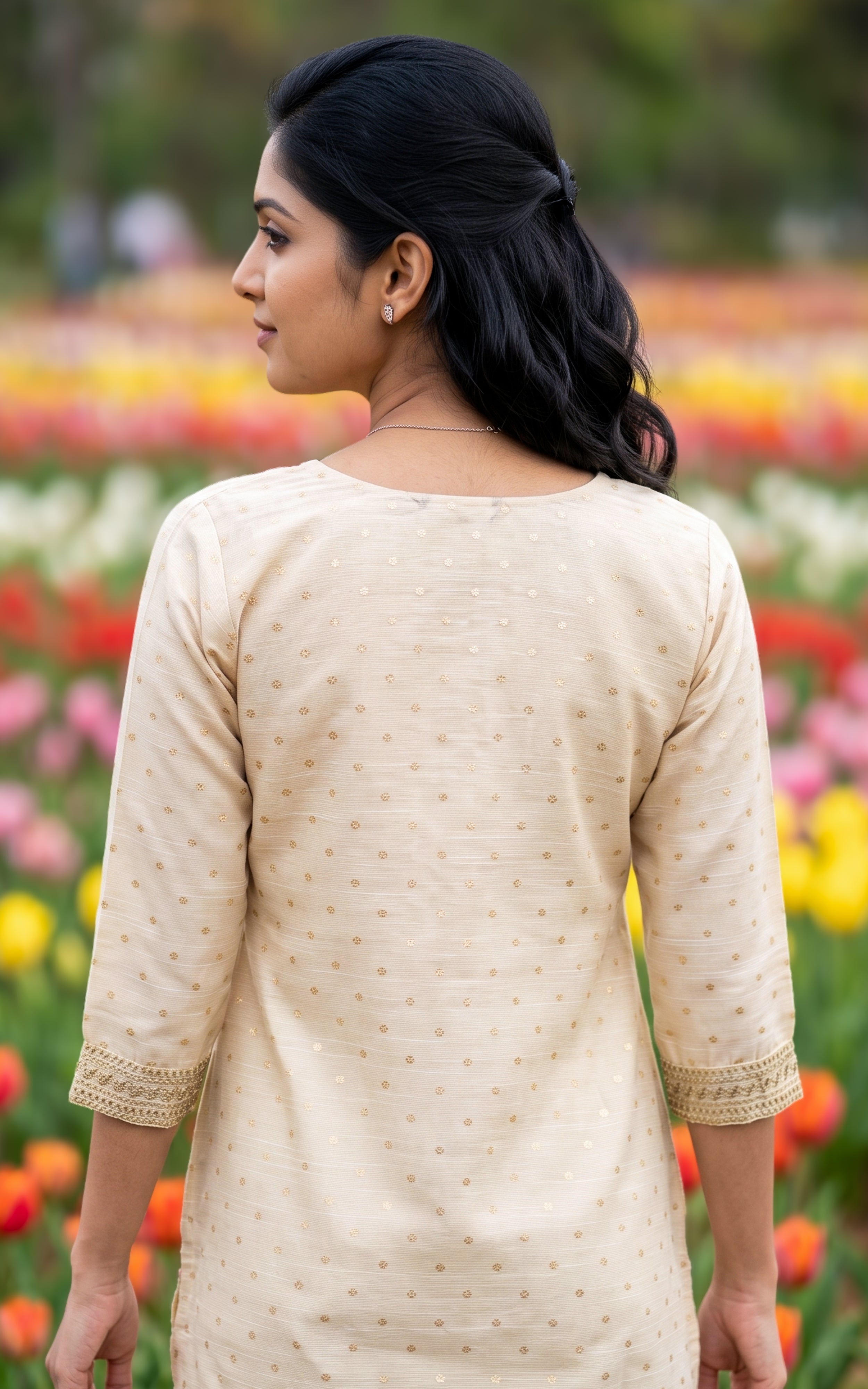 Beige Chanderi Kurti Set with Elegant Gold Woven Dupatta for Women