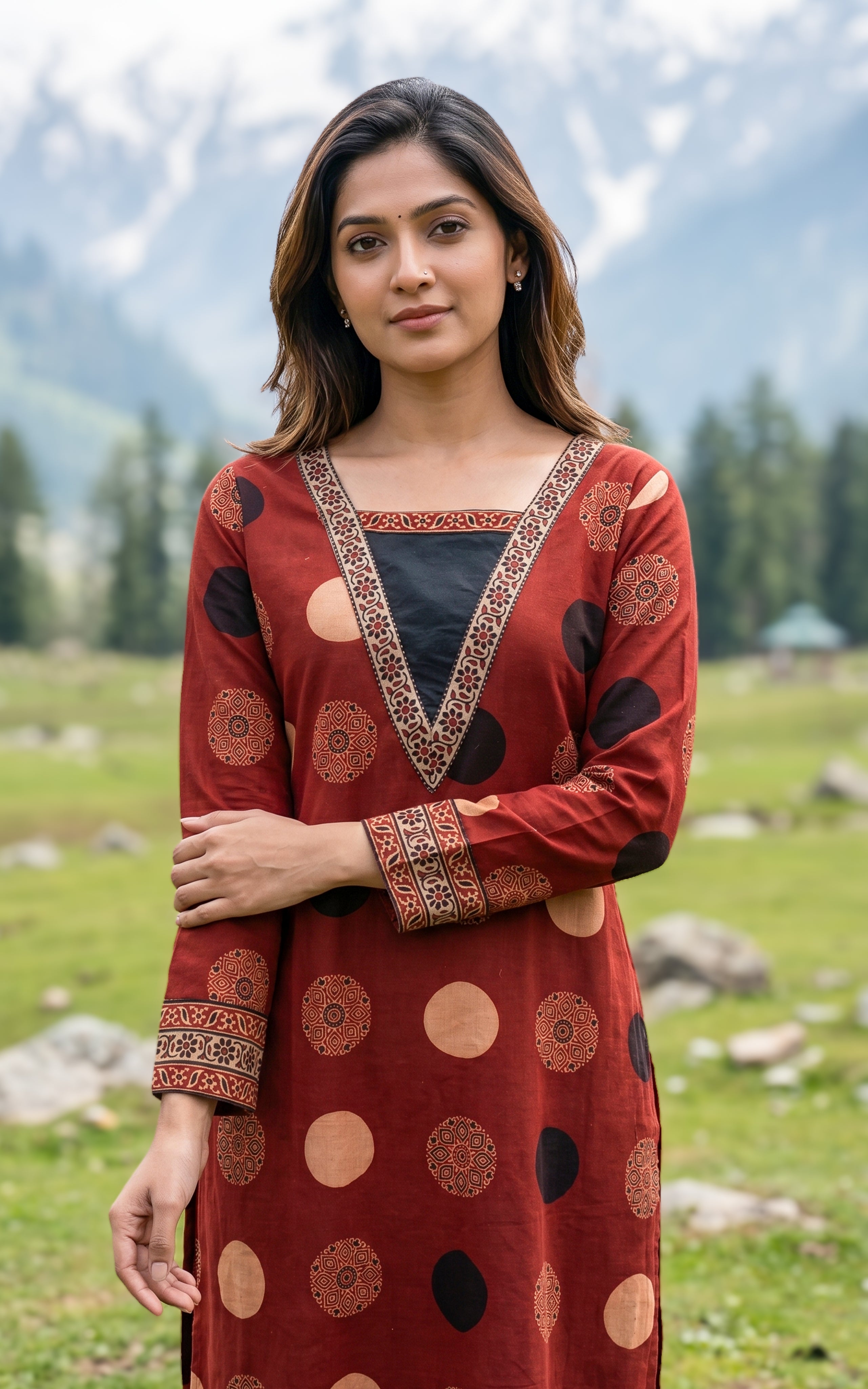 Maroon handblock printed cotton kurti for women