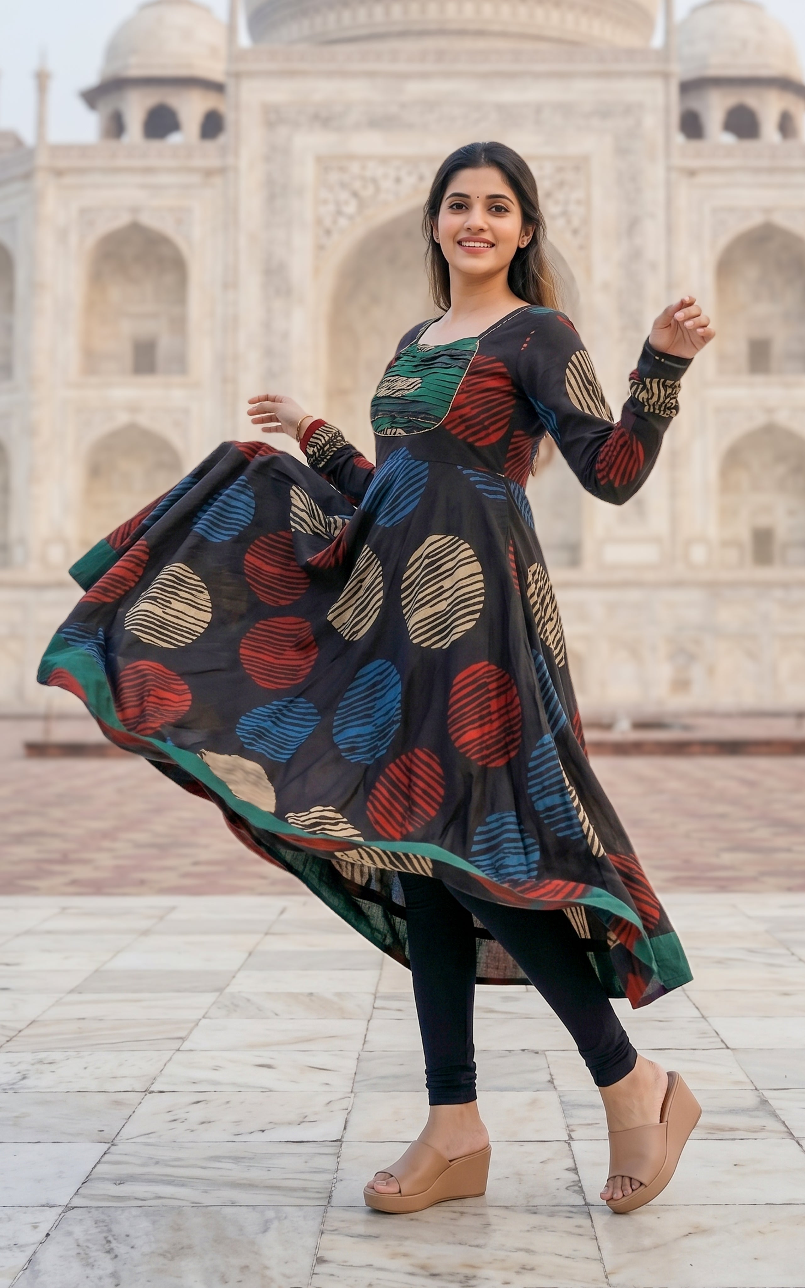 Instore - Black Color Printed Cotton Flared Anarkali Kurti with Line Embroidery & Sweetheart Neck with Gathered Sleeve