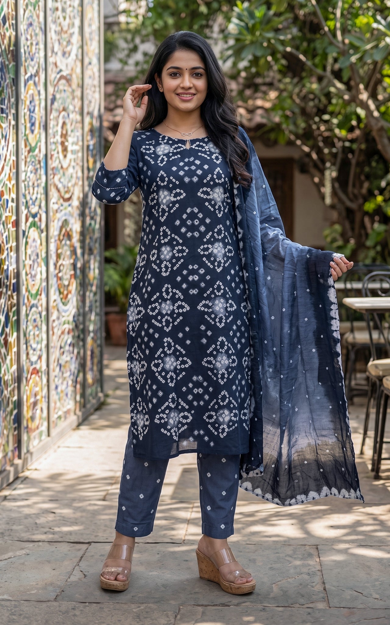 Bright Navy Blue and Grey Cotton Casual Wear Kurti Set for Women