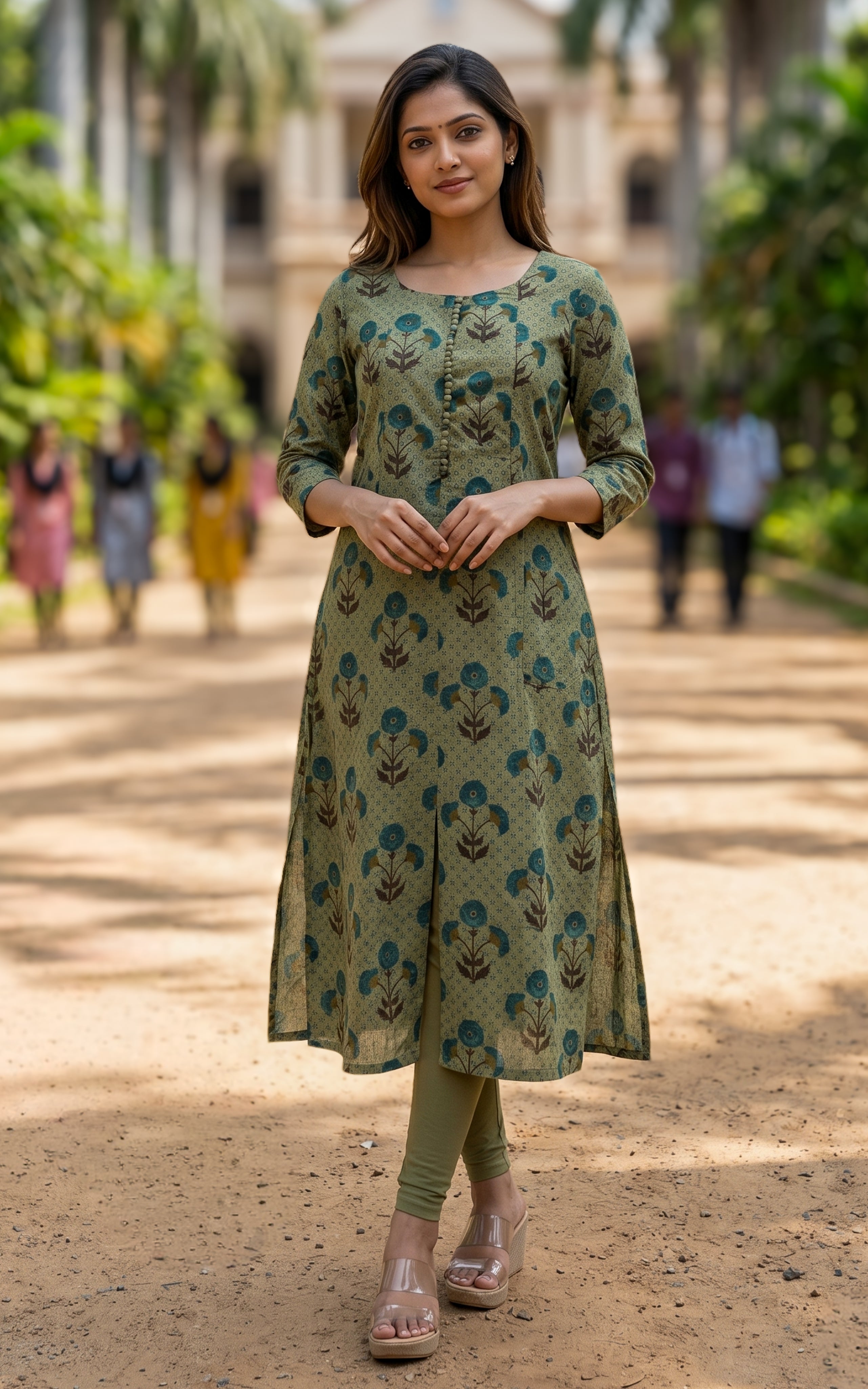 Green cotton Aline kurti for women