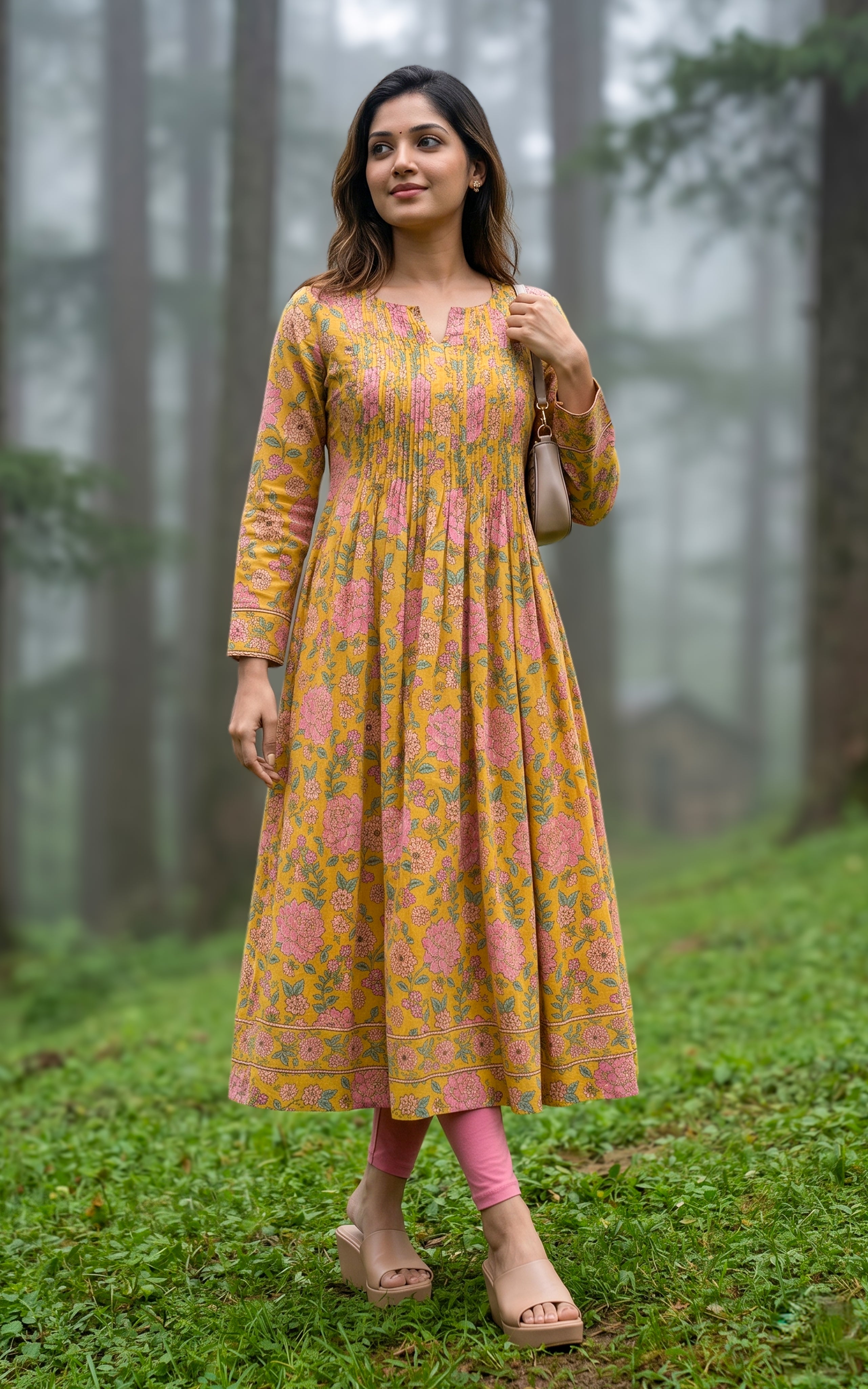 Cotton Anarkali kurti with pintuck design for women