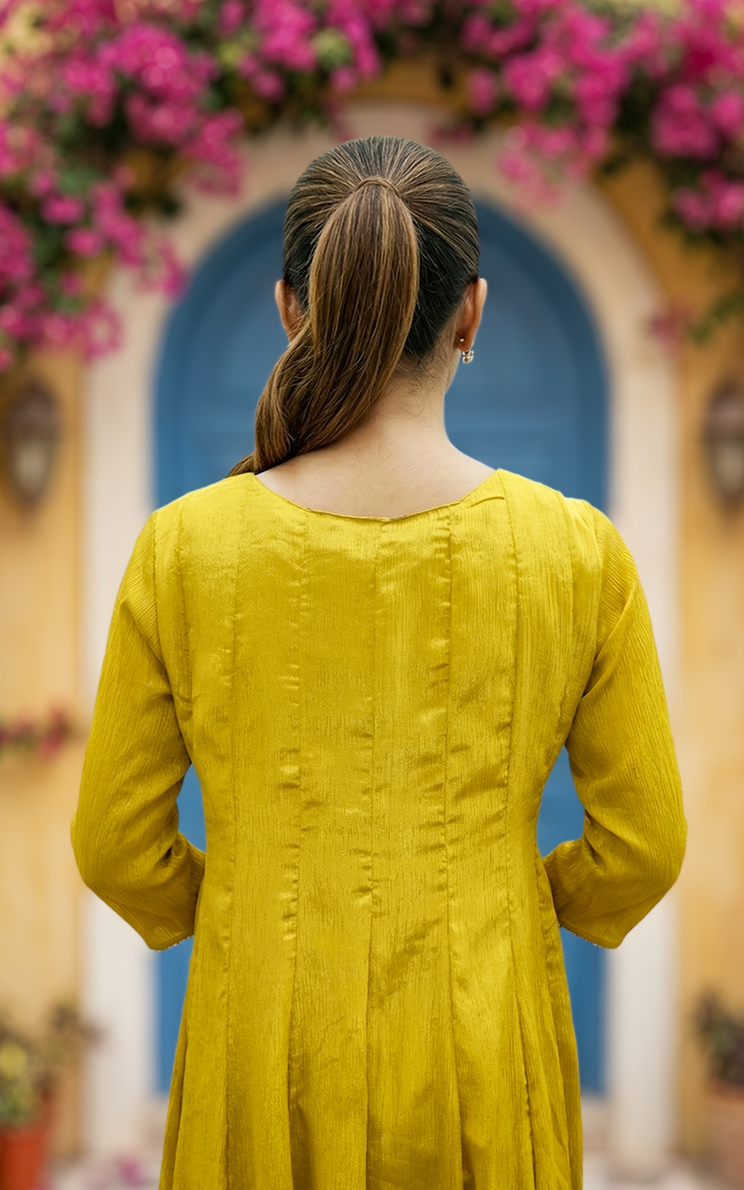 Instore – Mustard Sreelekha Anarkali Kurti with Dupatta for Women – Crushed Faux Silk – Golden Detailing – Festive Ethnic Wear