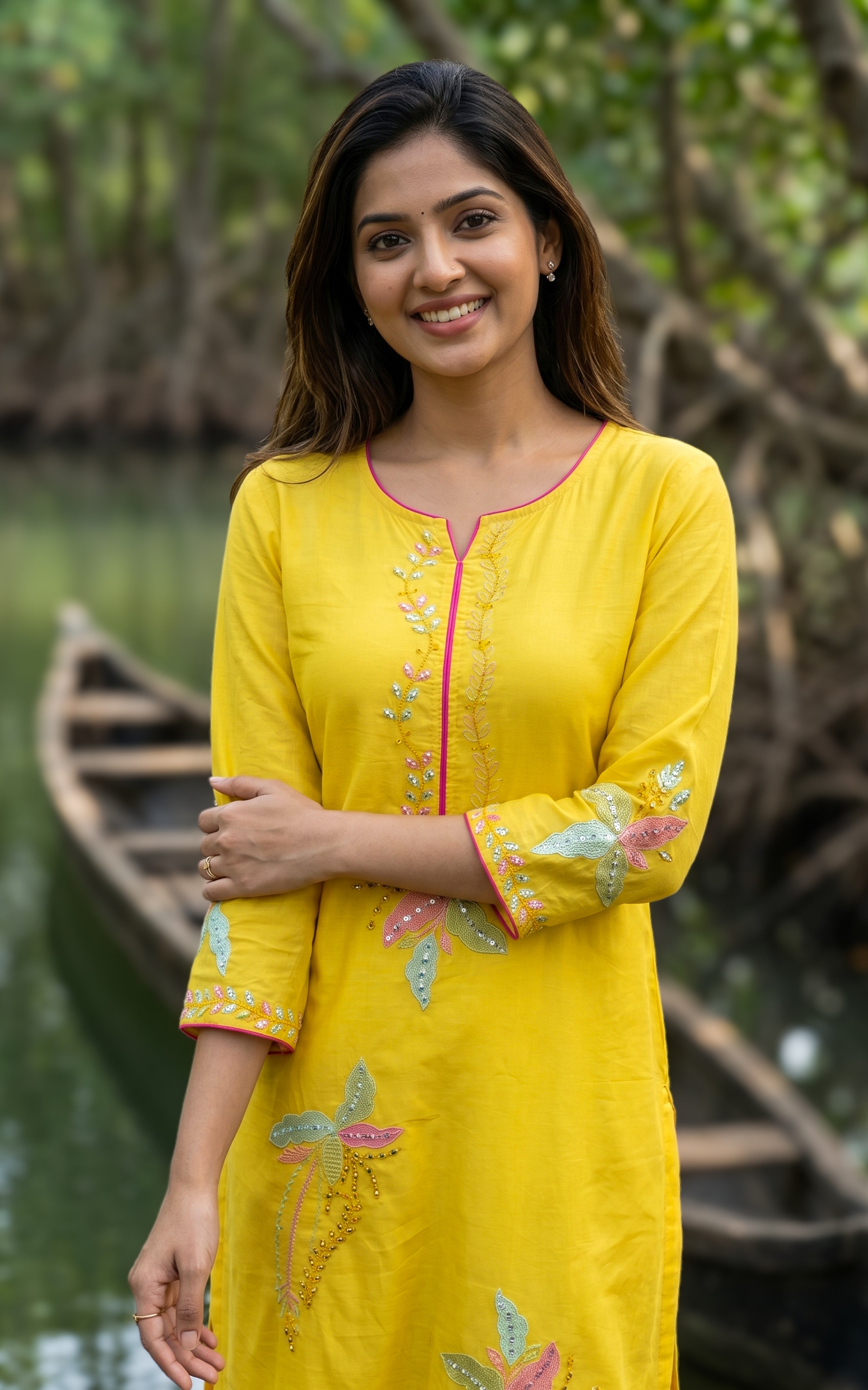 Yellow straight cut cotton kurti for women