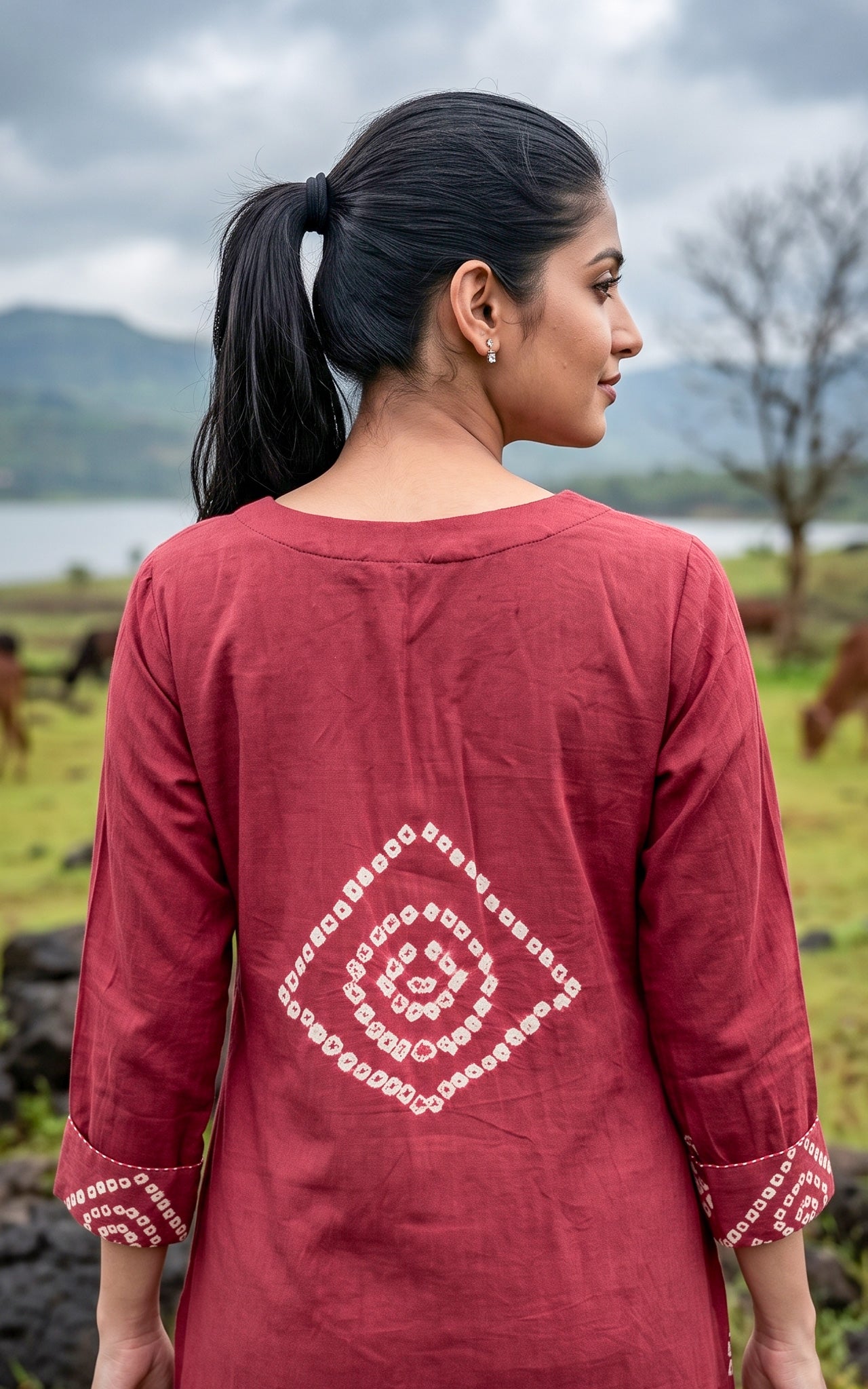 Hibiscus and Lime Green Cotton Keyhole Neck Kurti Set for Women