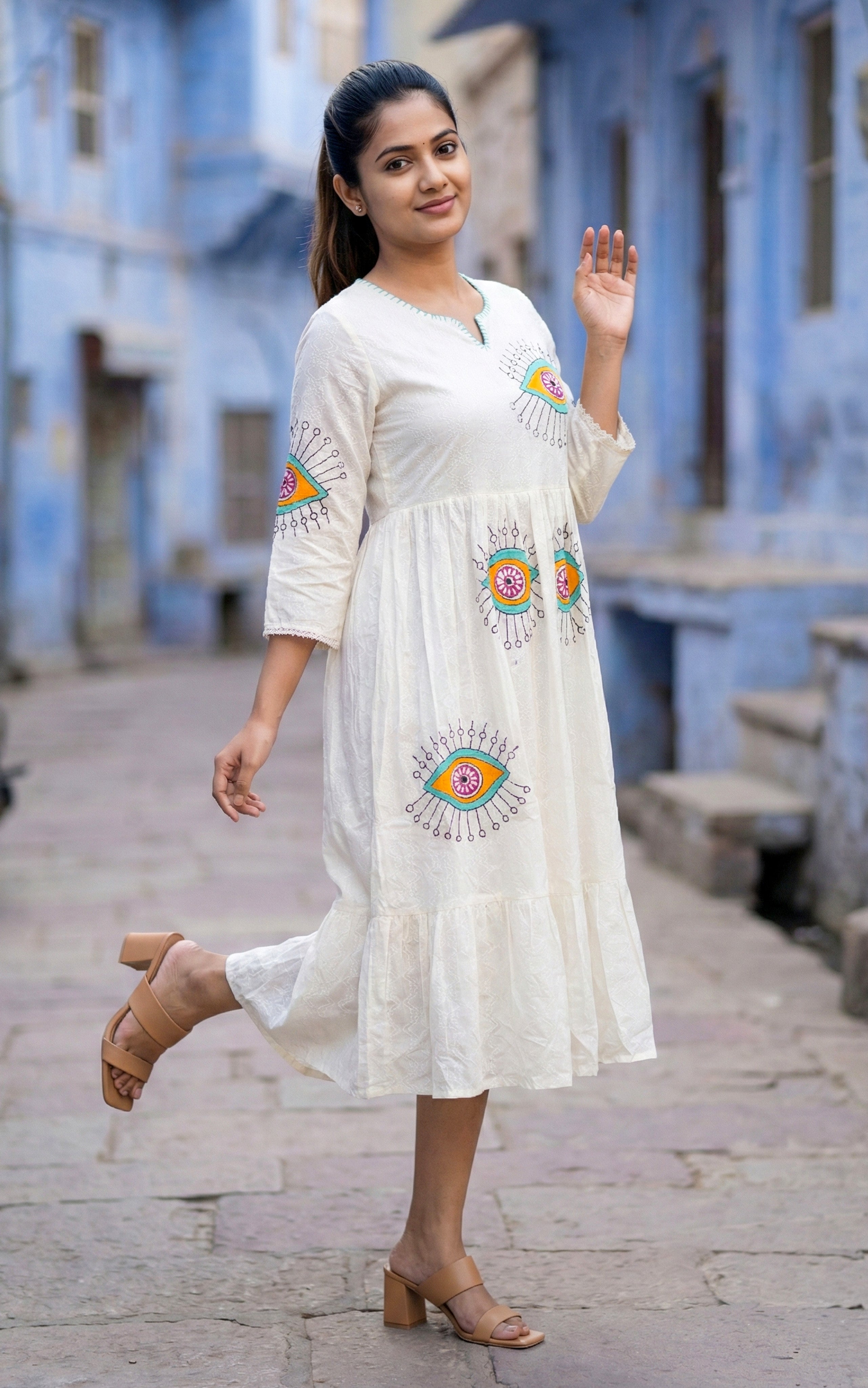 Cotton White color Hand Painted Evil Eye Gathered Kurti With Flared Hem short top