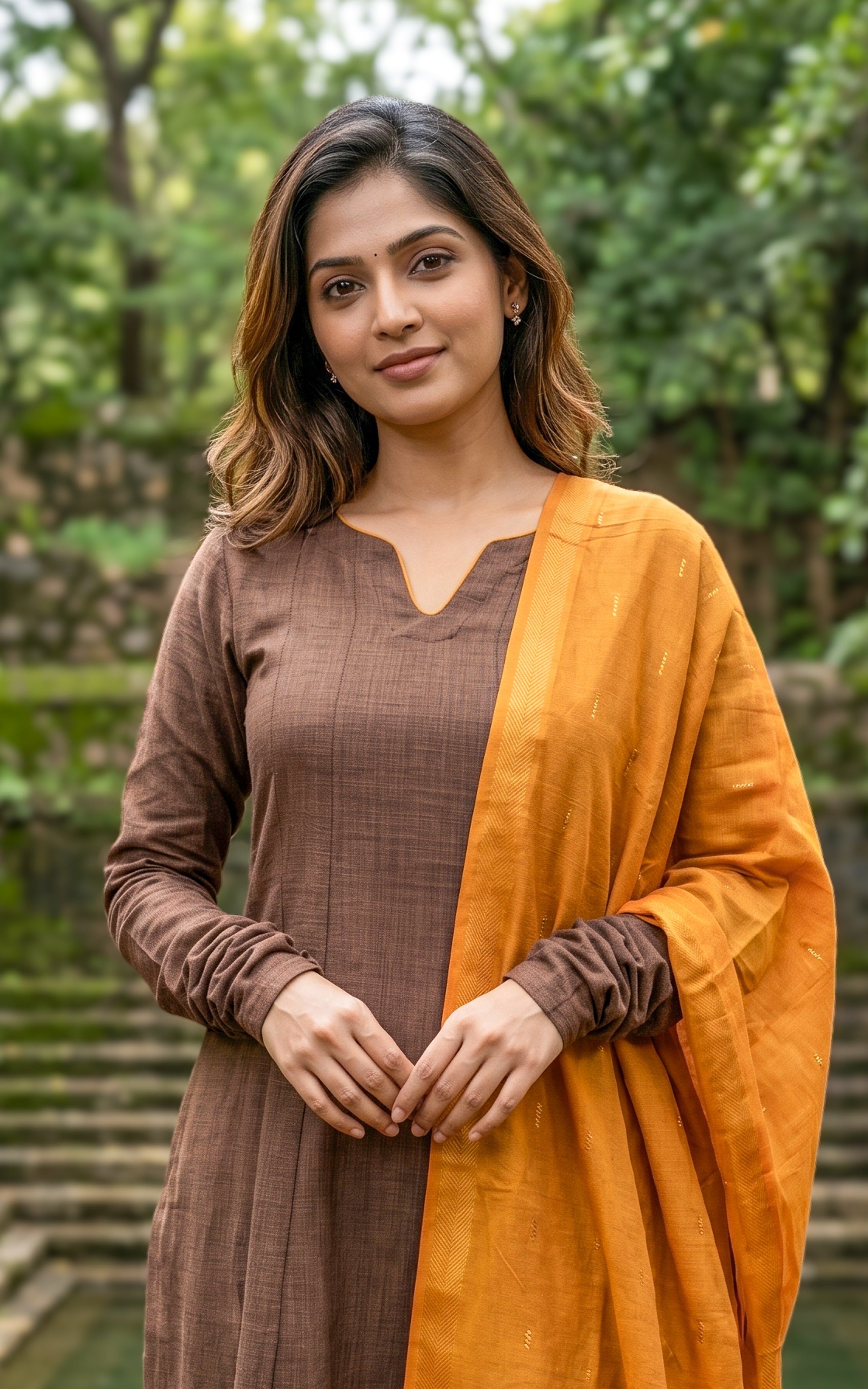Instore - Brown Color Thick Slub Synthetic Anarkali with Gathered Sleeves, Paired with Handloom Dupatta