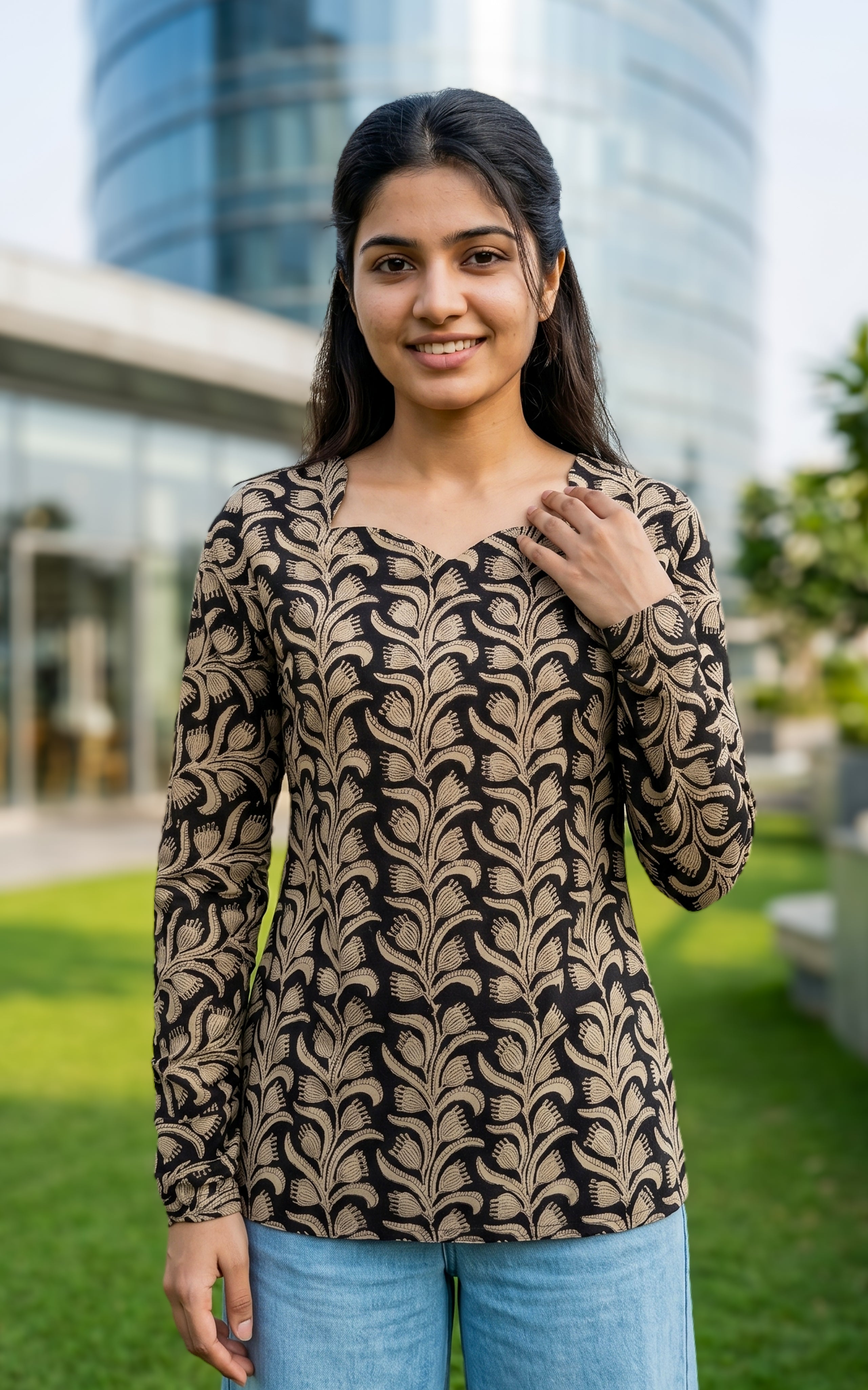 INSTORE -Taj Mahal -Cotton -Short Straight Cut Kurti -Sweet heart Neck-Gathered Sleeve -Daily vogue-college wear- Office wear