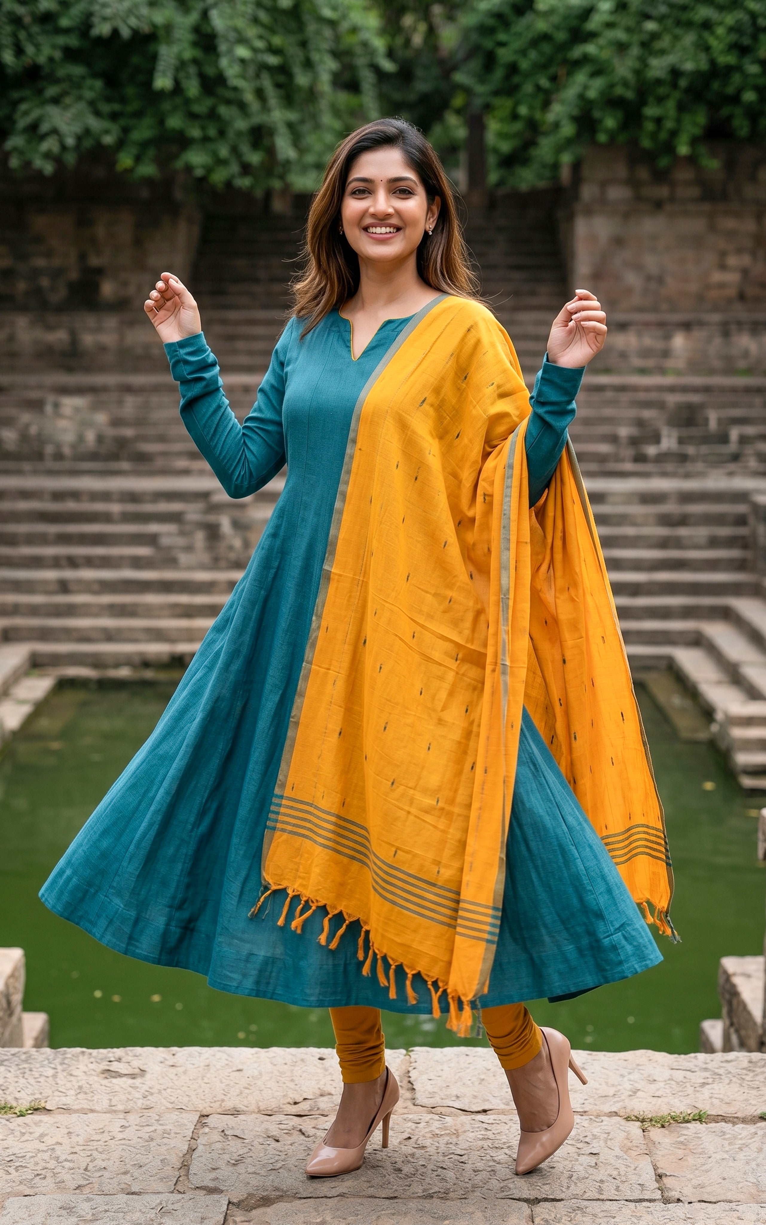 Instore – Teal Green Slub Synthetic Anarkali Kurti with Dupatta for Women – Gathered Sleeves – Ethnic Wear