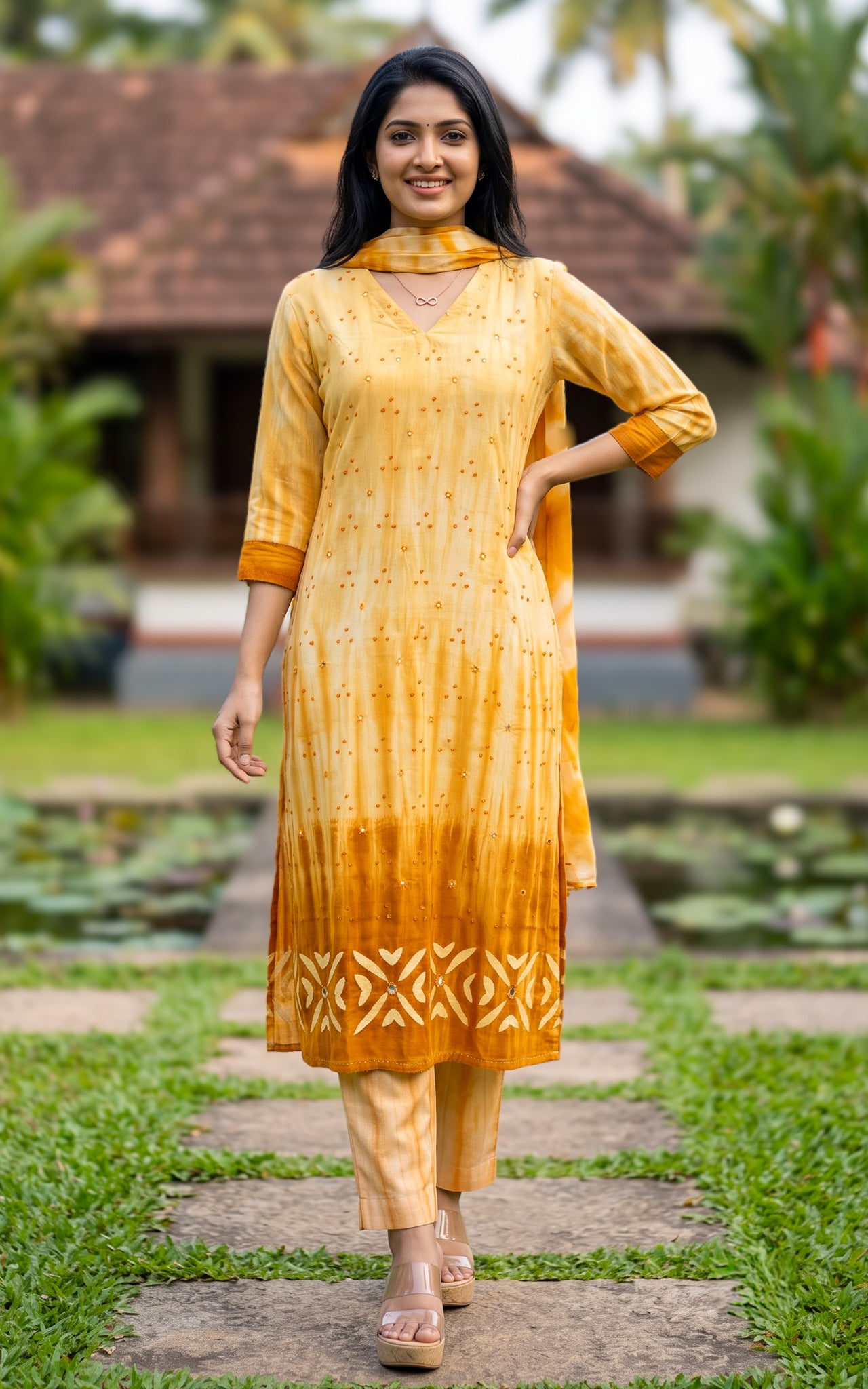Mustard Cotton V Neck Straight Cut Kurti Set for Women